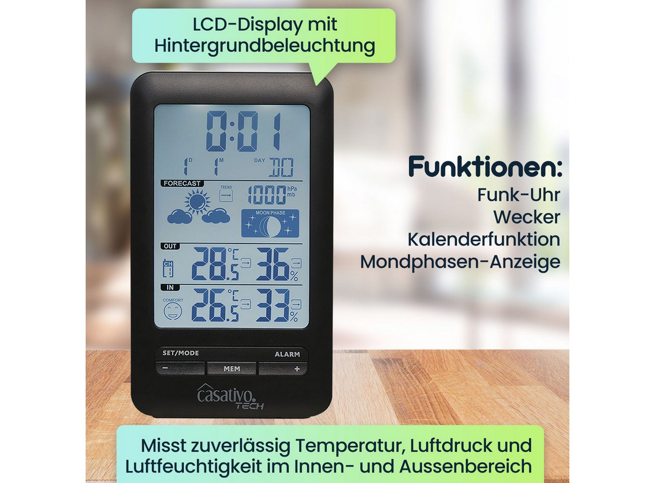 Casativo Digitale Funk-Wetterstation mit Außensensor Display Wettertrend Funkwetterstation (IP44/60m Reichweite/ 3 Kanäle/ Wecker Funkuhr) Bild 3