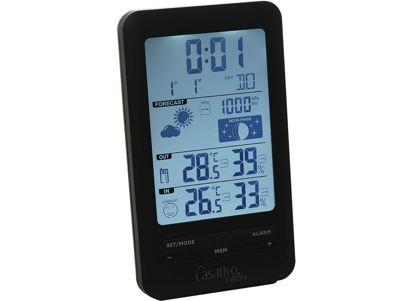 Casativo Digitale Funk-Wetterstation mit Außensensor Display Wettertrend Funkwetterstation (IP44/60m Reichweite/ 3 Kanäle/ Wecker Funkuhr) Bild 4