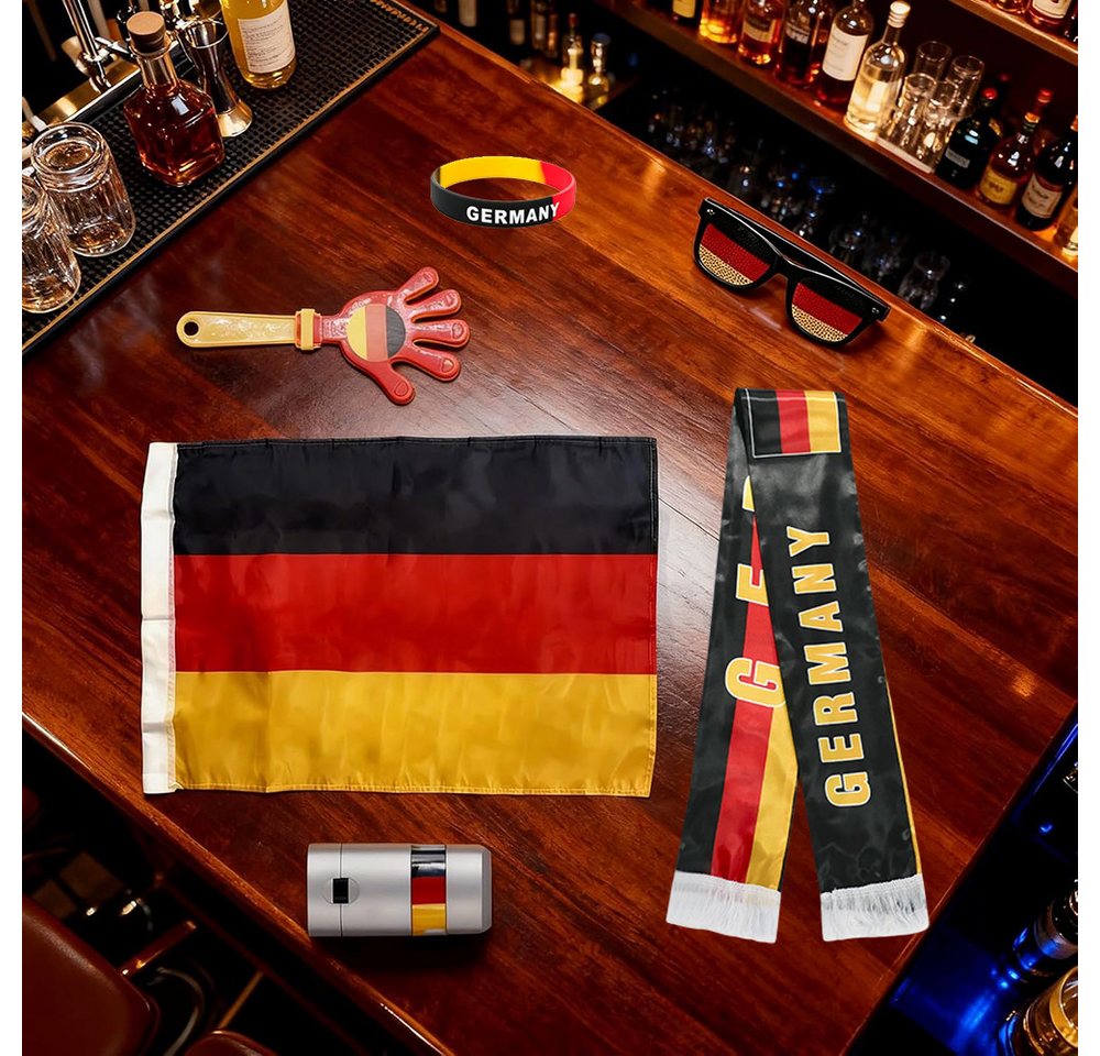AFKSMILE Fahne Deutschland Fanartikel 6-tlg, Fanartikel Set,Fußball Fanausrüstung (6-St), Mit Flagge, Klatschpappe, Halsband, Armband, Brillen, Gesichtsmalfarbe