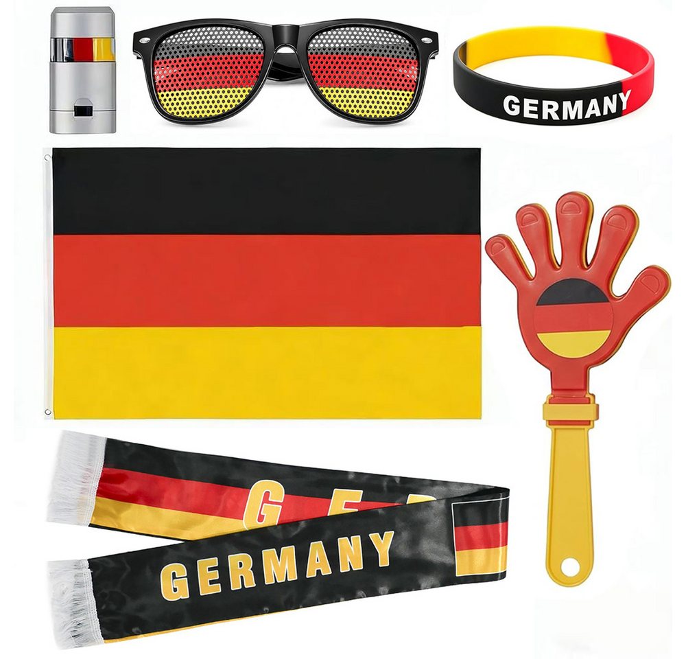 AFKSMILE Fahne Deutschland Fanartikel 6-tlg, Fanartikel Set,Fußball Fanausrüstung (6-St), Mit Flagge, Klatschpappe, Halsband, Armband, Brillen, Gesichtsmalfarbe Bild 2