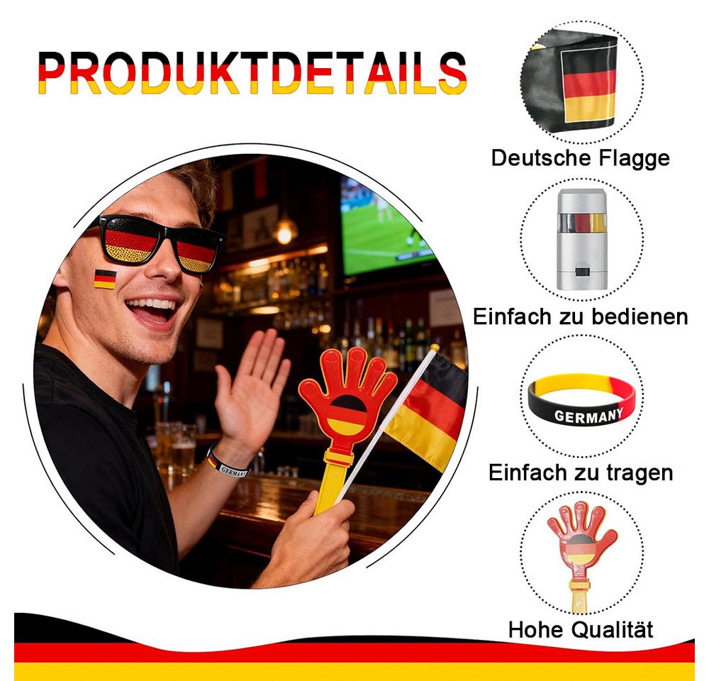 AFKSMILE Fahne Deutschland Fanartikel 6-tlg, Fanartikel Set,Fußball Fanausrüstung (6-St), Mit Flagge, Klatschpappe, Halsband, Armband, Brillen, Gesichtsmalfarbe Bild 4