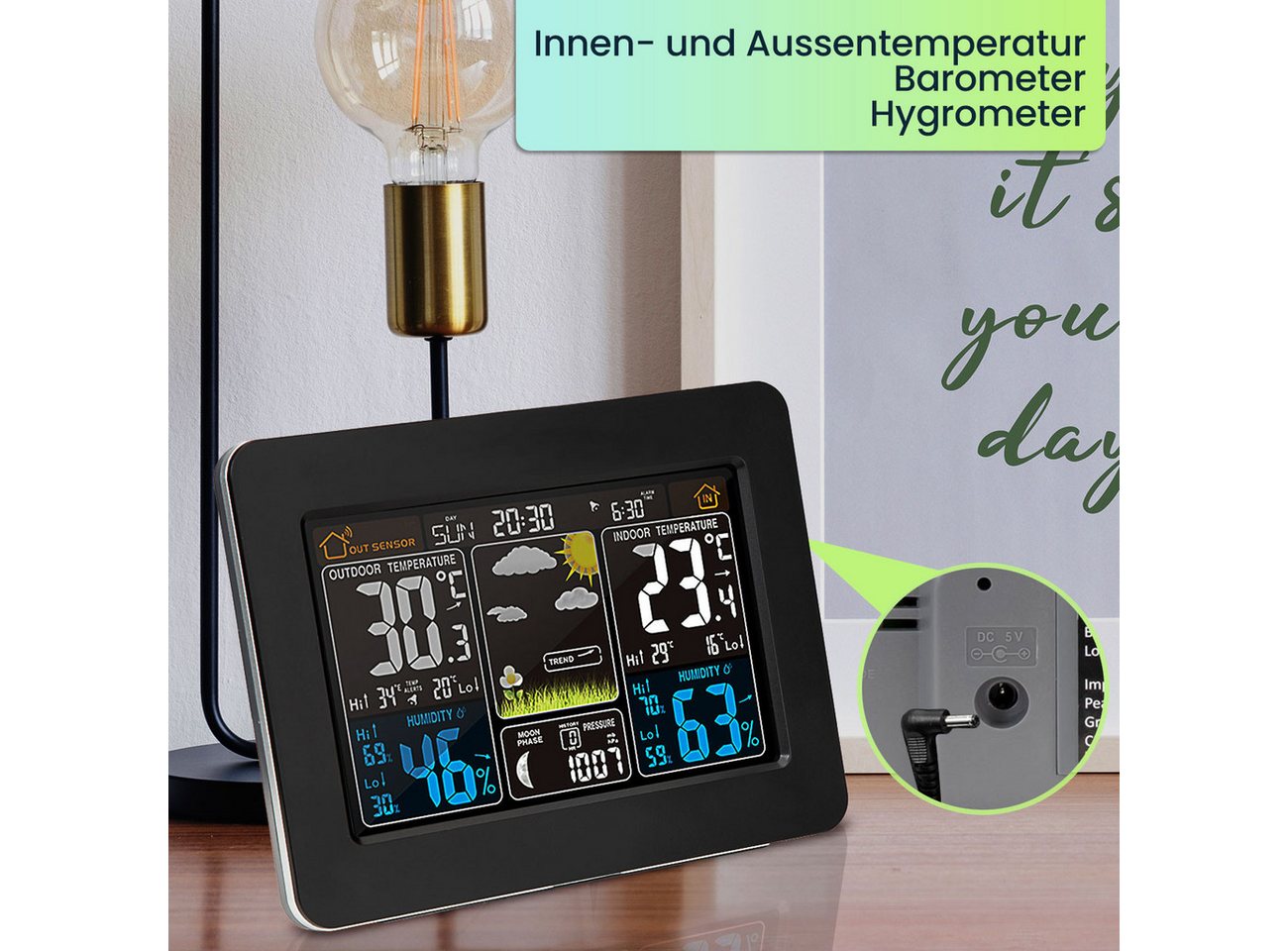 Casativo Funk-Wetterstation mit Farbdisplay Barometer Sensor Uhr & Wecke Funkwetterstation (Thermometer, Barometer, Hygrometer, Wecker & 60m Außensensor)