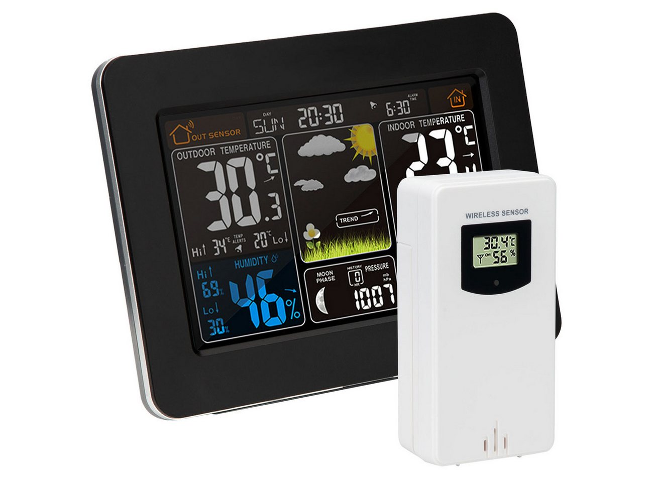 Casativo Funk-Wetterstation mit Farbdisplay Barometer Sensor Uhr & Wecke Funkwetterstation (Thermometer, Barometer, Hygrometer, Wecker & 60m Außensensor) Bild 3