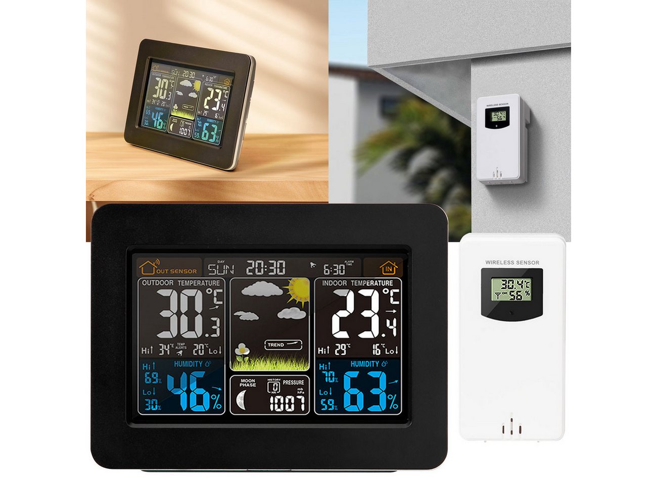 Casativo Funk-Wetterstation mit Farbdisplay Barometer Sensor Uhr & Wecke Funkwetterstation (Thermometer, Barometer, Hygrometer, Wecker & 60m Außensensor) Bild 4