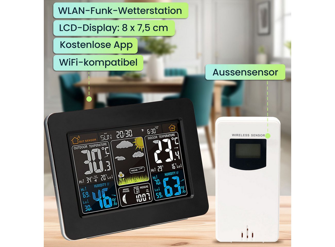 Casativo Funk-Wetterstation mit Farbdisplay Barometer Sensor Uhr & Wecke Funkwetterstation (Thermometer, Barometer, Hygrometer, Wecker & 60m Außensensor) Bild 5