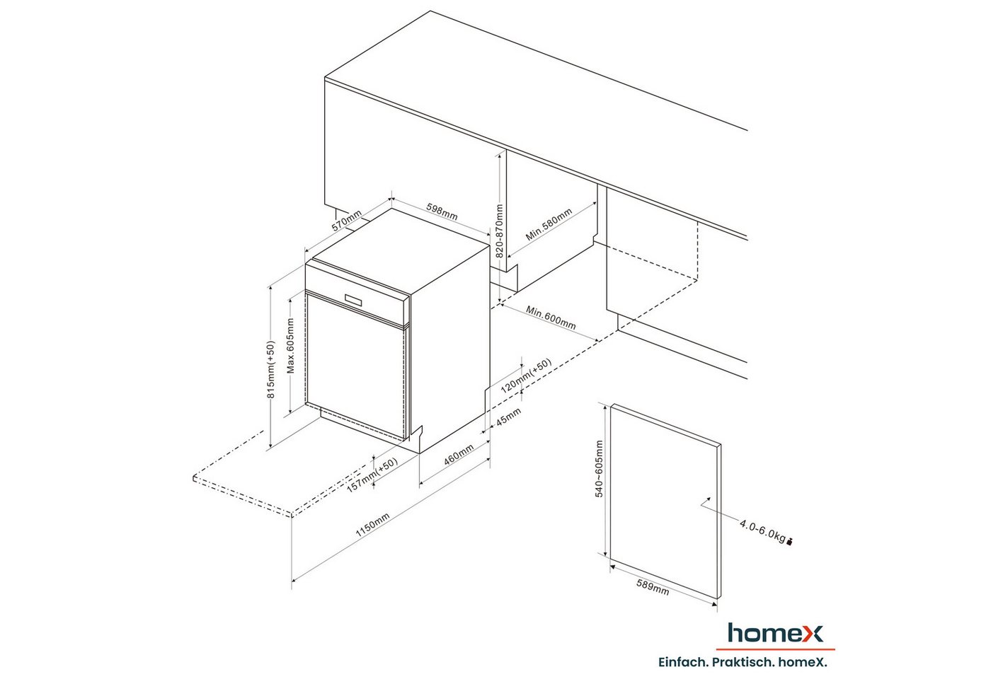 homeX teilintegrierbarer Geschirrspüler DWSI601442A, 10 l, 14 Maßgedecke, Einbau Spülmaschine teilintegriert 60 cm, 9 Programme, AquaStop, 42 dB