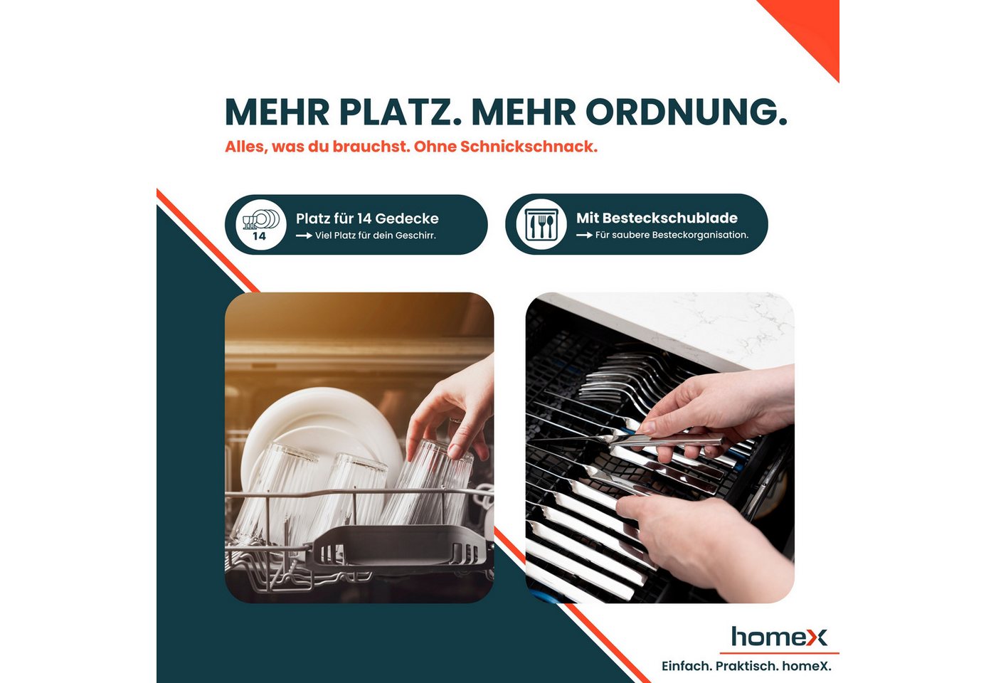 homeX teilintegrierbarer Geschirrspüler DWSI601442A, 10 l, 14 Maßgedecke, Einbau Spülmaschine teilintegriert 60 cm, 9 Programme, AquaStop, 42 dB Bild 4