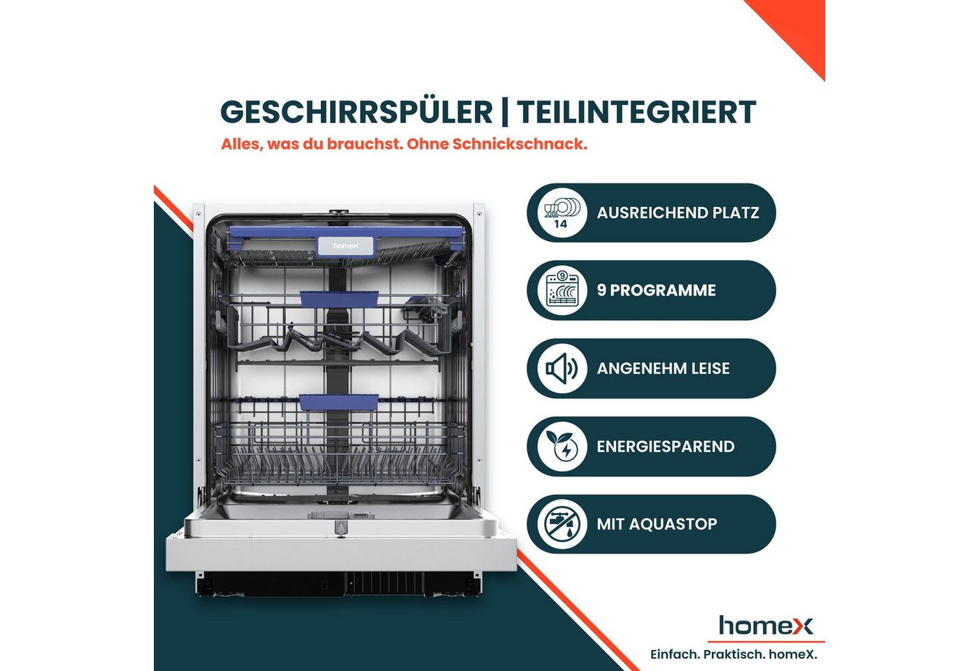 homeX teilintegrierbarer Geschirrspüler DWSI601442A, 10 l, 14 Maßgedecke, Einbau Spülmaschine teilintegriert 60 cm, 9 Programme, AquaStop, 42 dB Bild 5