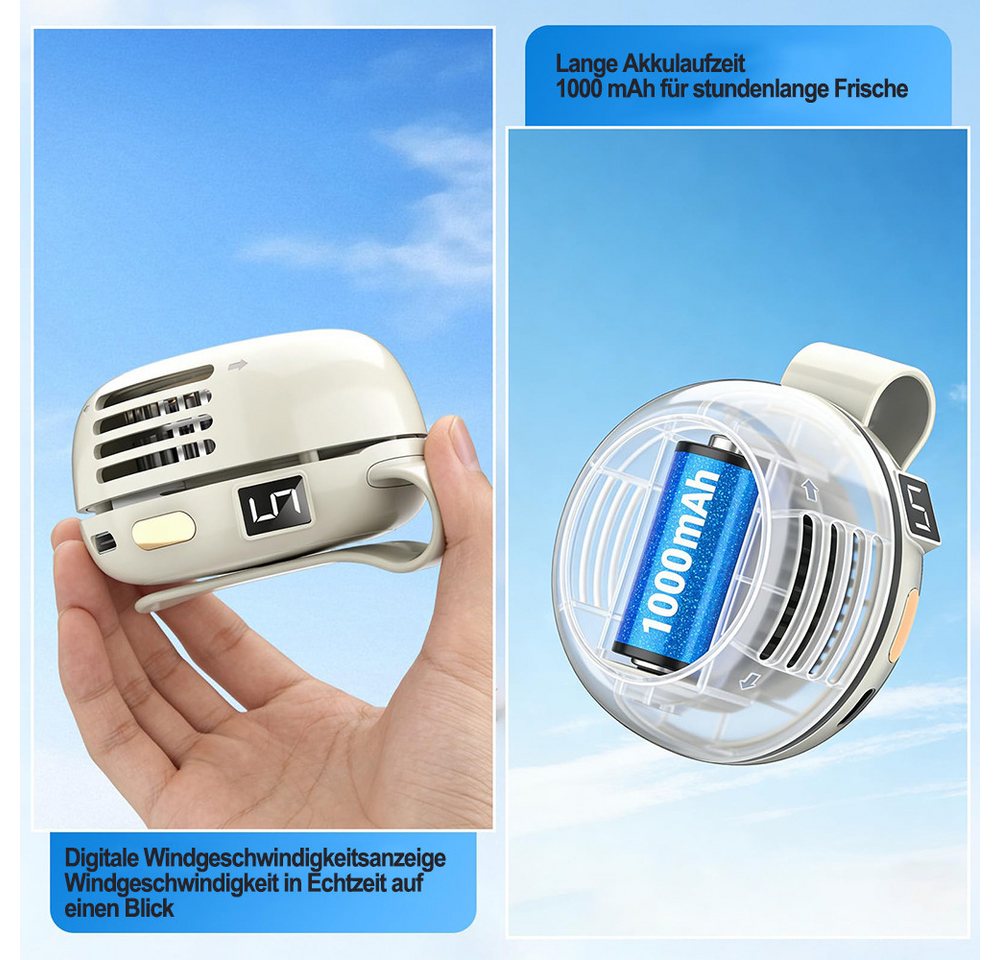 nsihing Handventilator Mini tragbarer geräuscharmer blattloser Ventilator, USB-Aufladung, Kann am Gürtel befestigt werden, geeignet für Outdoor, Reisen und Büro