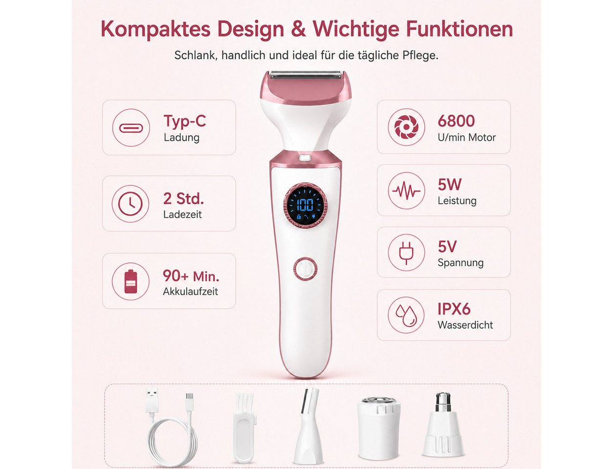 XEOOCE Epilierer Damenrasierer, 4-in-1, Elektrisch, USB-C, Körper & Gesicht, Trimmer, Aufsätze: 4 St., Haarentferner + 4 Aufsätze + Typ-C-Kabel + Anleitung, 4-in-1, wasserdicht, Nass-/Trockenrasur, Typ-C-Ladung, LED-Display Bild 2