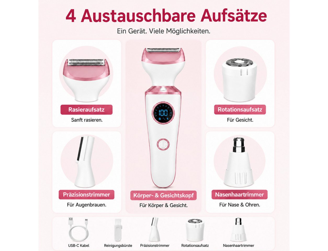 XEOOCE Epilierer Damenrasierer, 4-in-1, Elektrisch, USB-C, Körper & Gesicht, Trimmer, Aufsätze: 4 St., Haarentferner + 4 Aufsätze + Typ-C-Kabel + Anleitung, 4-in-1, wasserdicht, Nass-/Trockenrasur, Typ-C-Ladung, LED-Display Bild 3
