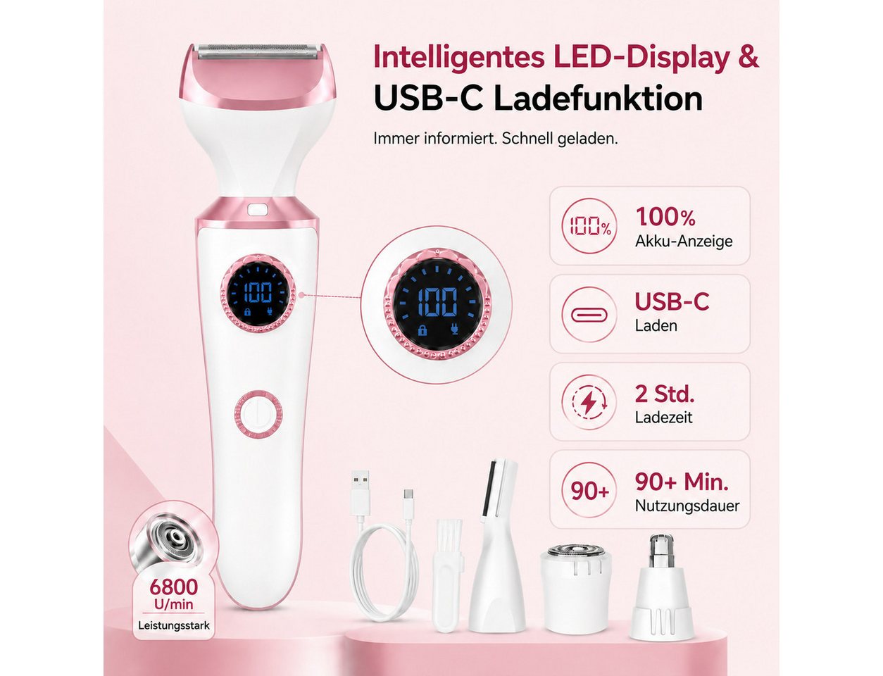 XEOOCE Epilierer Damenrasierer, 4-in-1, Elektrisch, USB-C, Körper & Gesicht, Trimmer, Aufsätze: 4 St., Haarentferner + 4 Aufsätze + Typ-C-Kabel + Anleitung, 4-in-1, wasserdicht, Nass-/Trockenrasur, Typ-C-Ladung, LED-Display Bild 4