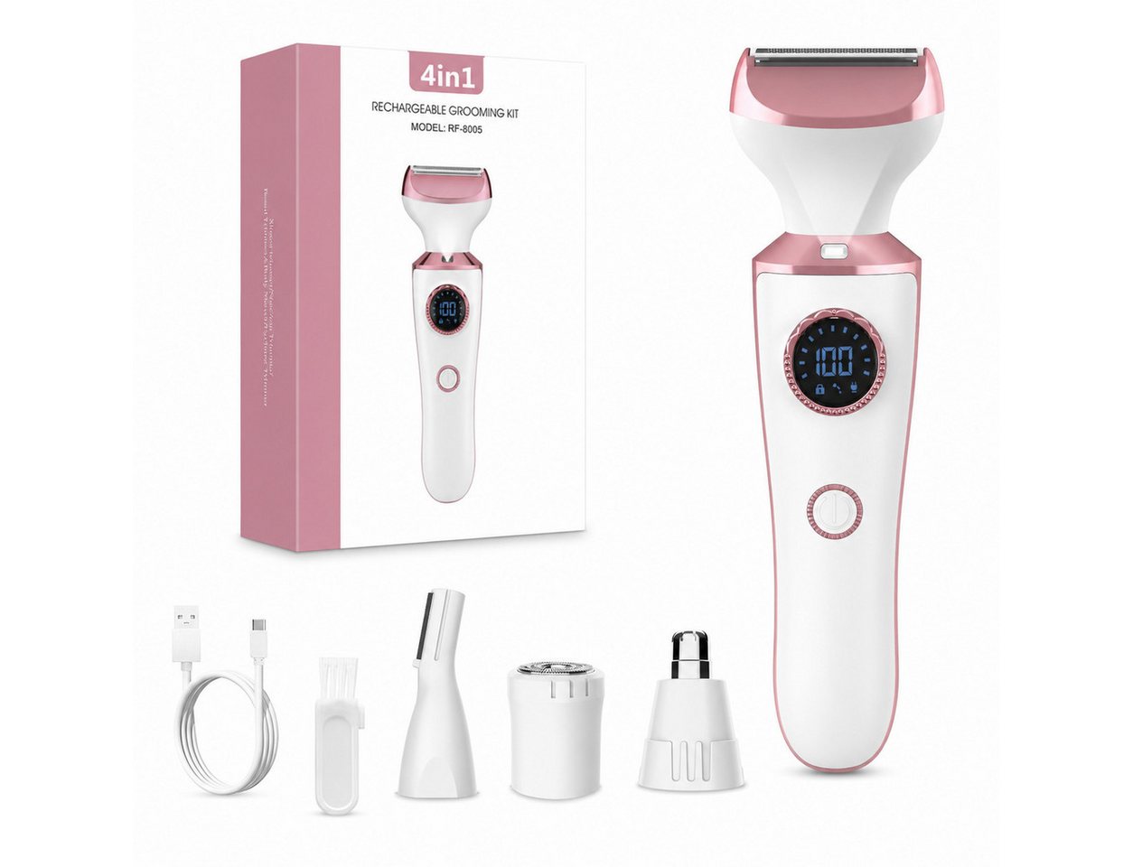 XEOOCE Epilierer Damenrasierer, 4-in-1, Elektrisch, USB-C, Körper & Gesicht, Trimmer, Aufsätze: 4 St., Haarentferner + 4 Aufsätze + Typ-C-Kabel + Anleitung, 4-in-1, wasserdicht, Nass-/Trockenrasur, Typ-C-Ladung, LED-Display Bild 5