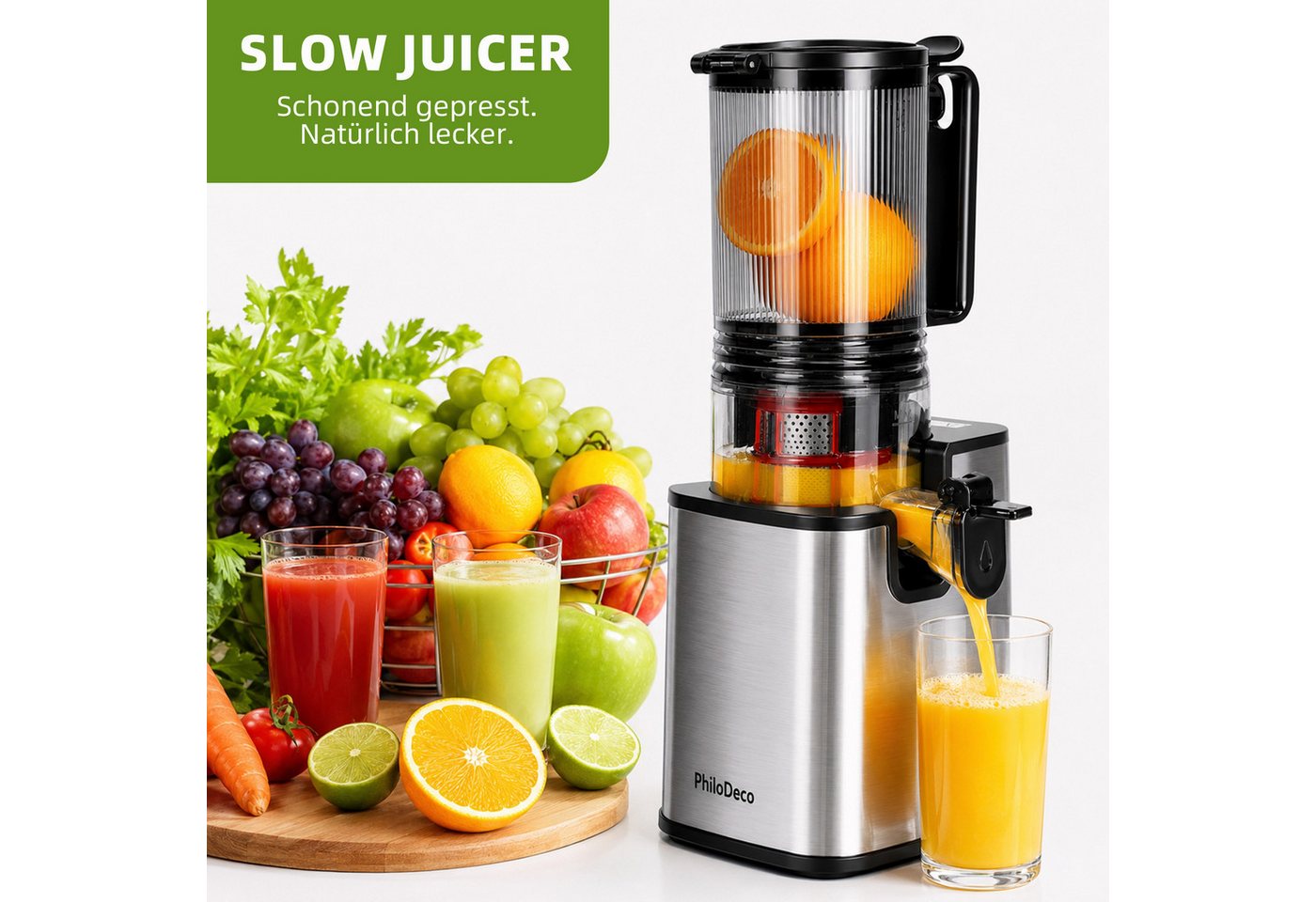 Sinaopus Slow Juicer Für ganze Früchte mit 110-mm-Einfüllöffnung und Doppelfilter, 250 W, Schonende Kaltpressung, saubere Ausgabe und einfache Reinigung