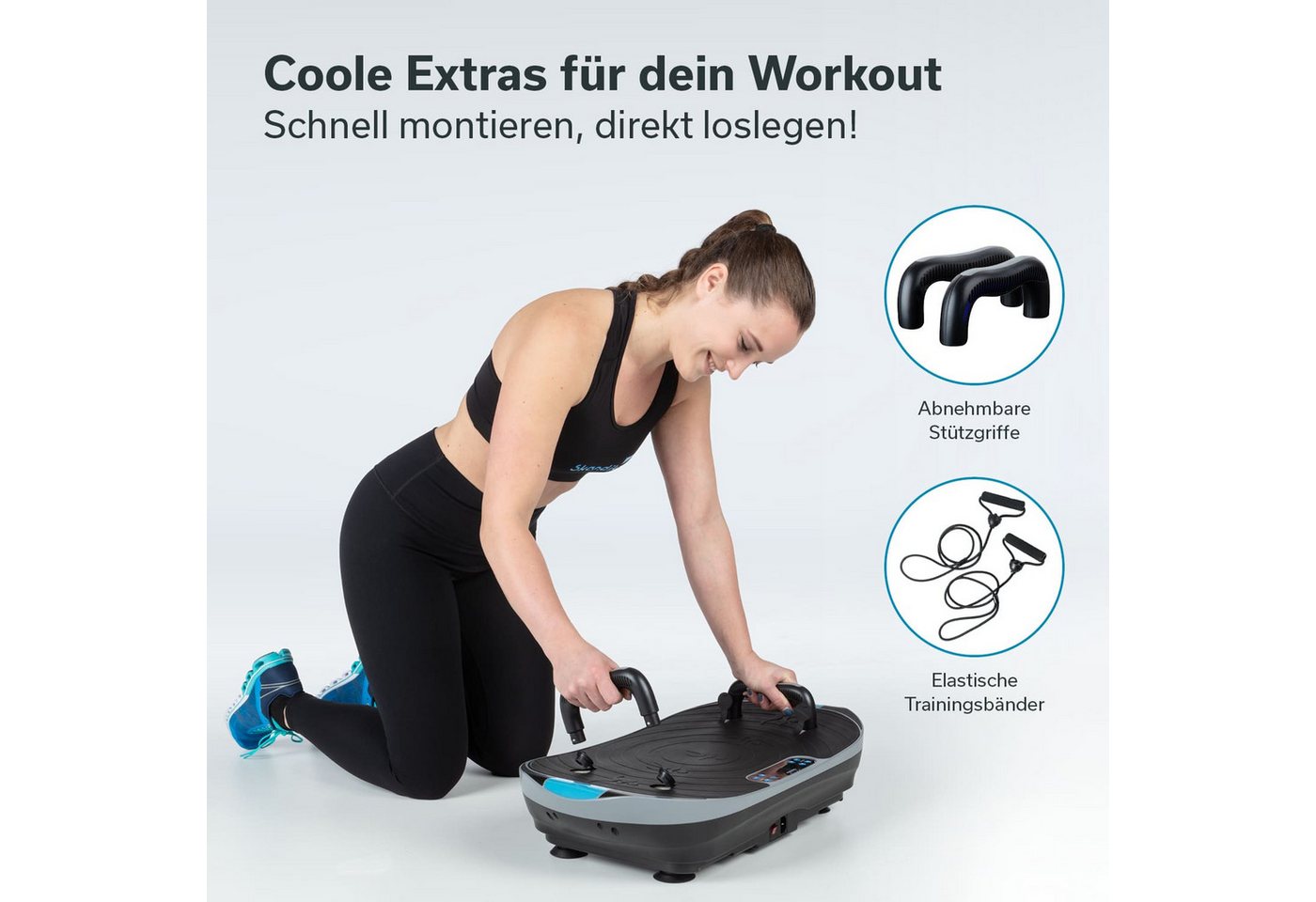Skandika Vibrationsplatte V2, Fitnessgerät für Zuhause, Fernbedienung, mit LCD-Bildschirm, (Trainingsprogramme: 3 computergesteuerte,1 manueller Modus, bis 12 kg), Trainingsbänder, Oszillierende Vibration, Curved Design, leiser Motor