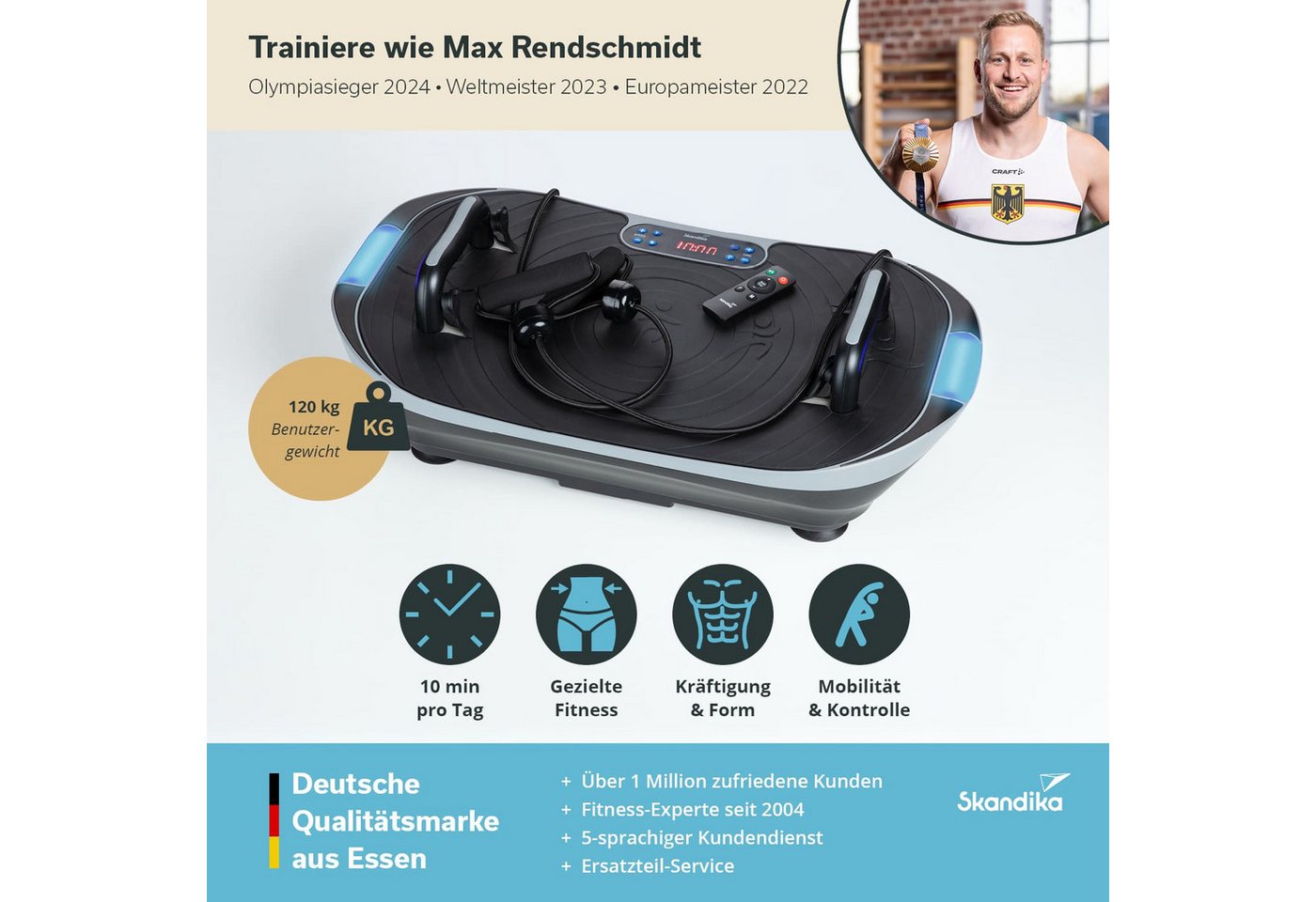 Skandika Vibrationsplatte V2, Fitnessgerät für Zuhause, Fernbedienung, mit LCD-Bildschirm, (Trainingsprogramme: 3 computergesteuerte,1 manueller Modus, bis 12 kg), Trainingsbänder, Oszillierende Vibration, Curved Design, leiser Motor Bild 3
