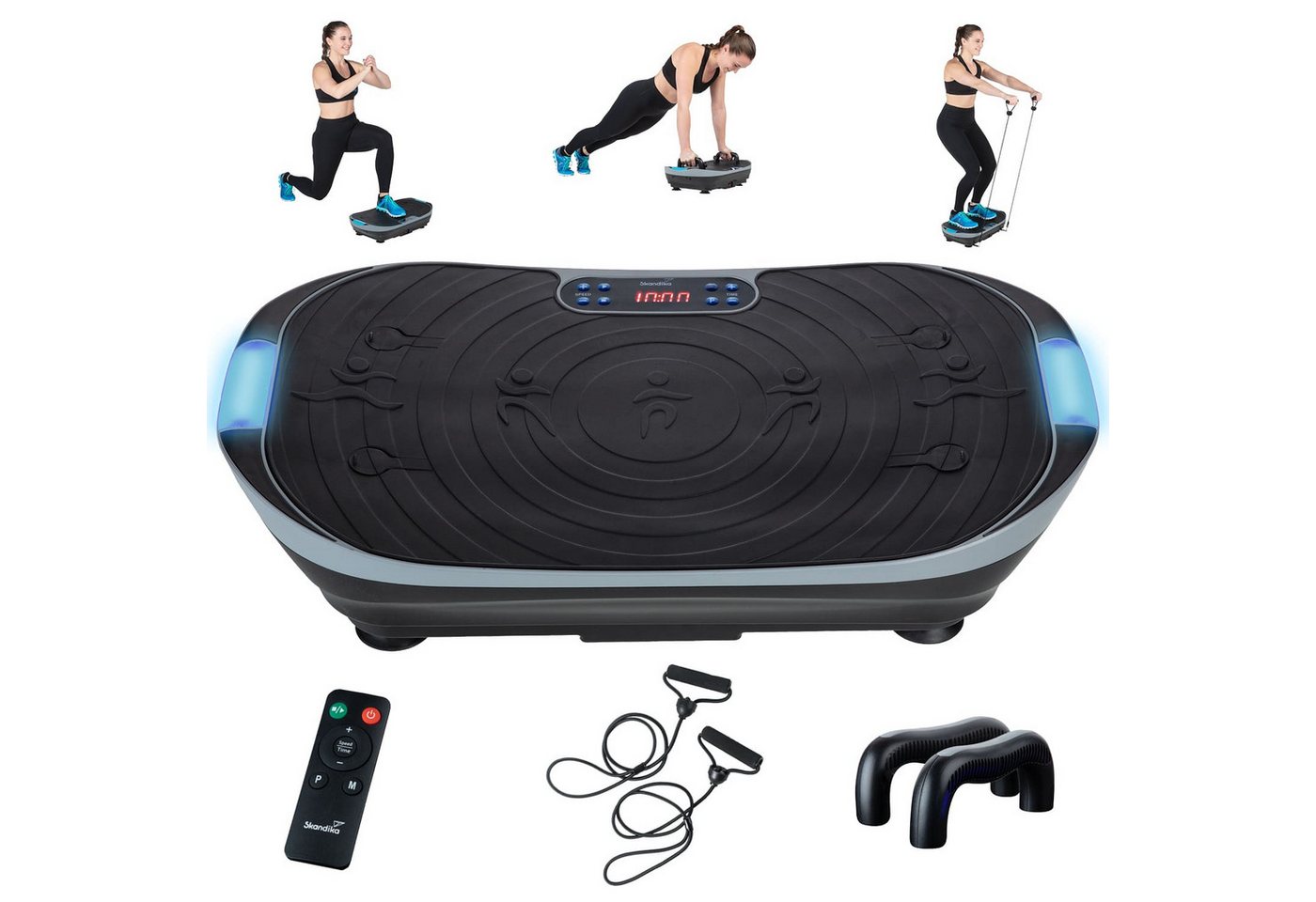Skandika Vibrationsplatte V2, Fitnessgerät für Zuhause, Fernbedienung, mit LCD-Bildschirm, (Trainingsprogramme: 3 computergesteuerte,1 manueller Modus, bis 12 kg), Trainingsbänder, Oszillierende Vibration, Curved Design, leiser Motor Bild 5