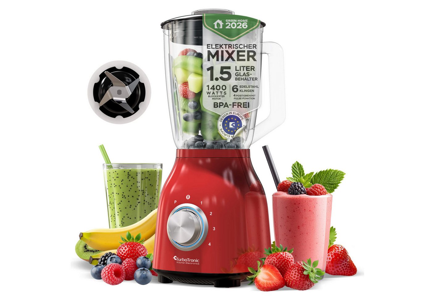 TurboTronic by Z-Line Standmixer 1400 Watt Smoothie Maker1,5l Glas Hochleistungsmixer 6 Klingen, 4 Geschwindigkeiten, Pulse, BPA-frei, Nachfüllöffnung, Saugfüße Bild 2