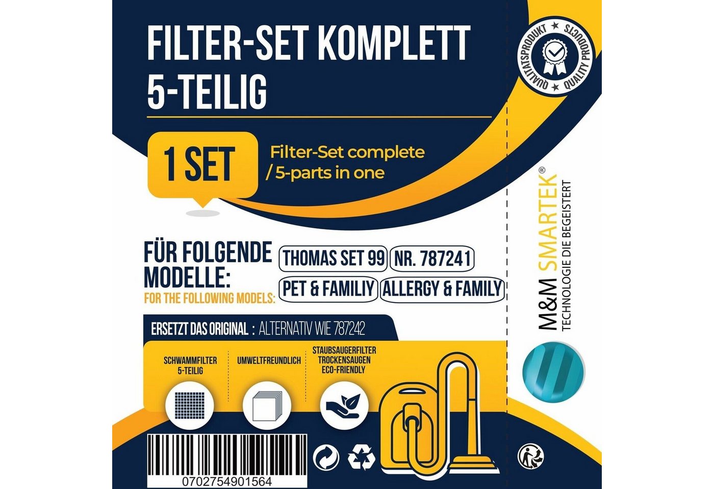 M&M Smartek Filter-Set für Pet & Family, Multi Clean X8 Parquet, X10 Parq, X7, Thomas Aqua, Zubehör für Thomas Filter-Set 99, Thomas 787.241, Thomas Cat & Dog XT, Lorela XT, Mistral XS, Twin XT und Vestfalia XT, Leicht zu waschen und zu wechseln Bild 4