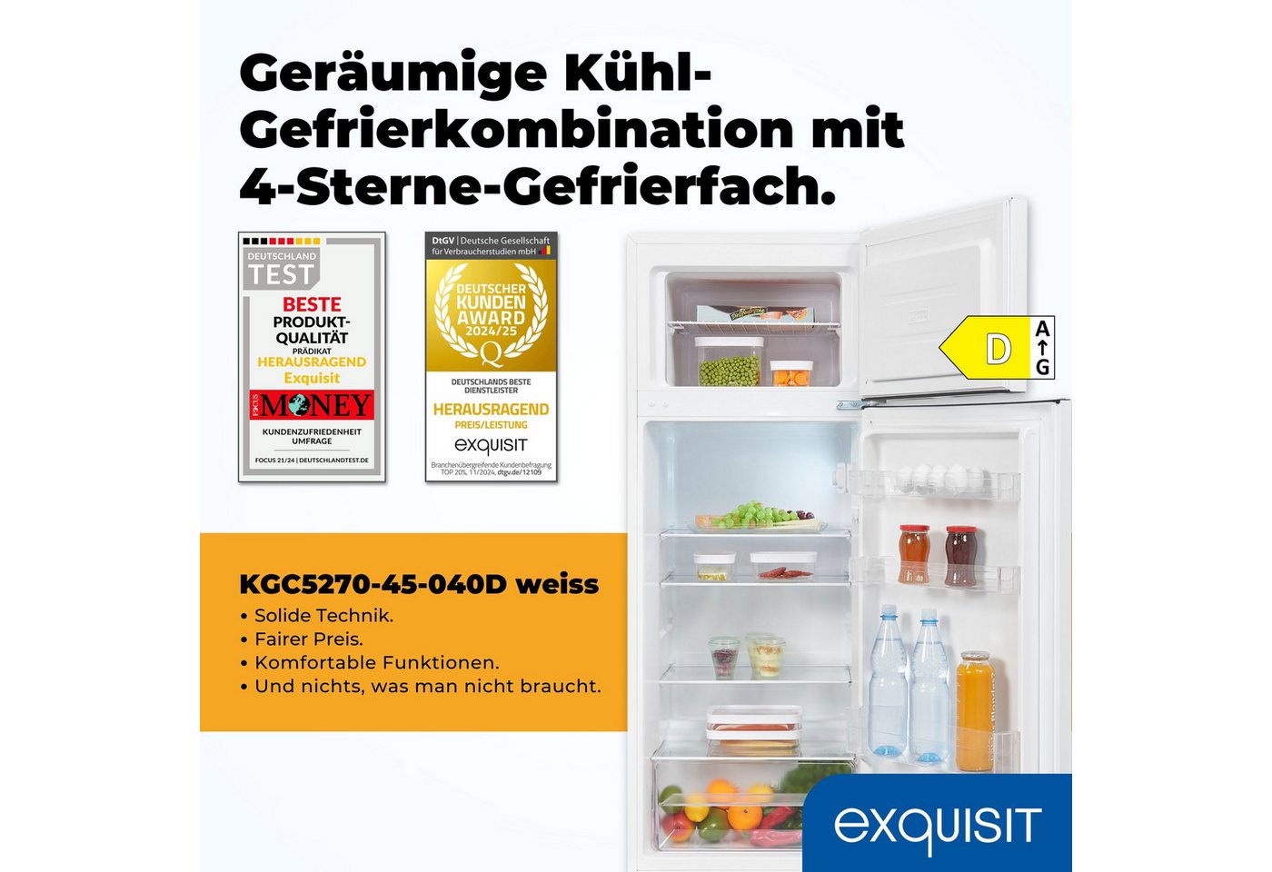 exquisit Kühl-/Gefrierkombination KGC5270-45-040D, 142.6 cm hoch, 54.5 cm breit, 4*-Gefrieren, LED, Türanschlag wechselbar Bild 5