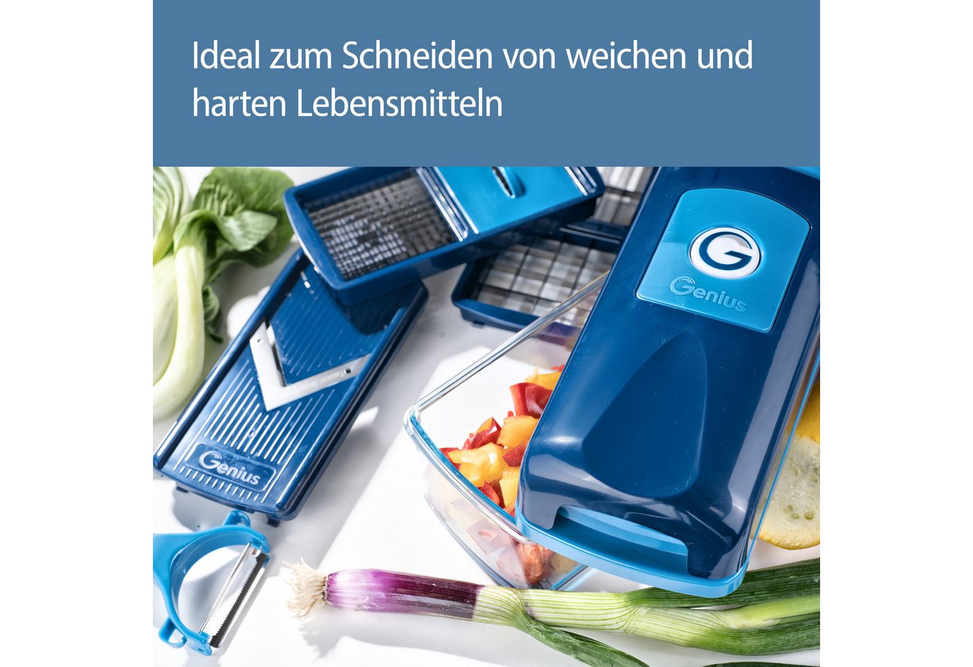 Genius Gemüseschneider Nicer Dicer smart Set 6-tlg. blau, Spülmaschinengeeignet, Schneid-Deckel mit Selbstreinigungsfunktion!