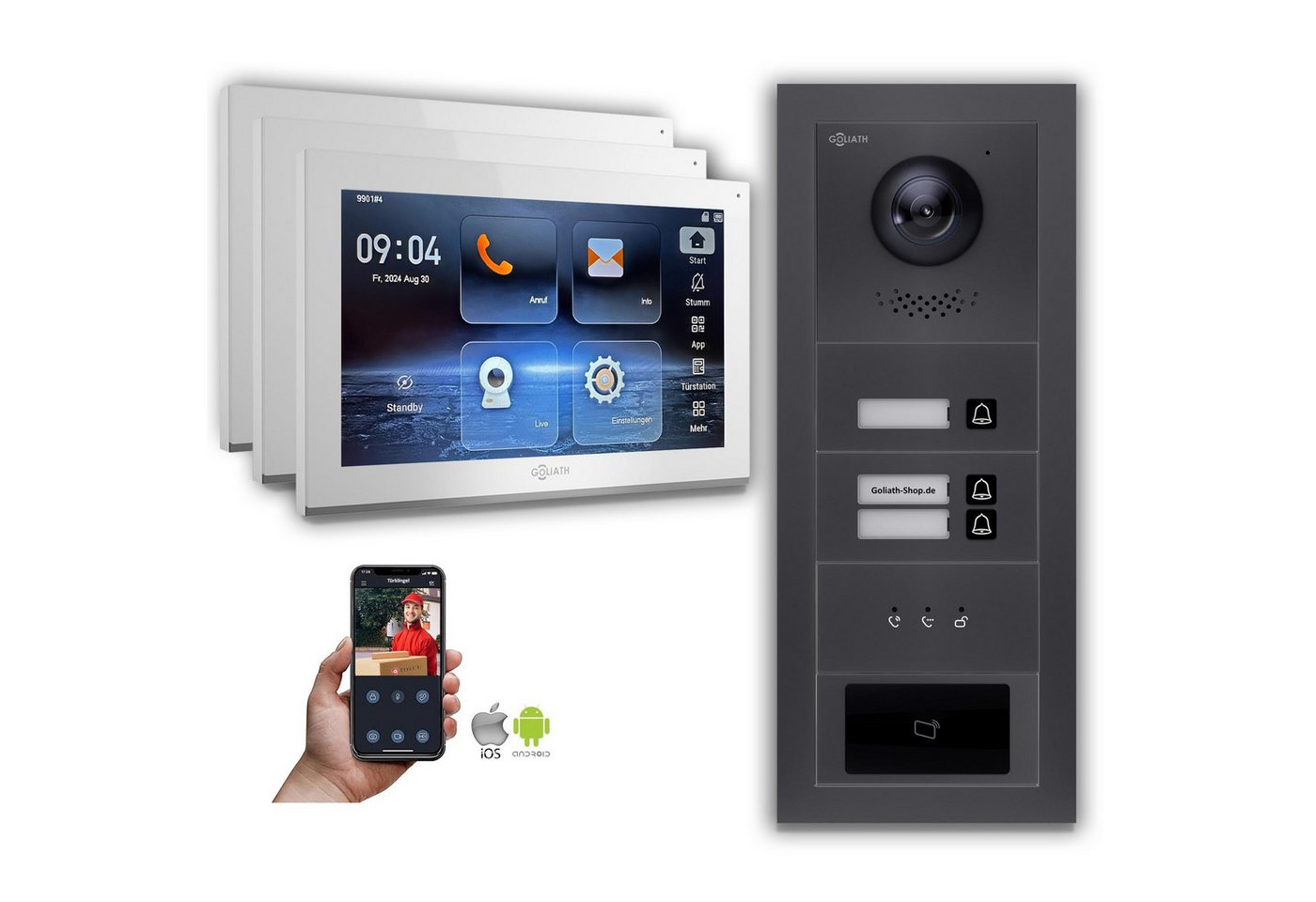 Goliath Intercom Video-Türsprechanlage Goliath IP Video Türsprechanlage: 10-Zoll 3Familienhaus, RFID, Anzeige (Privat oder Gewerblich)