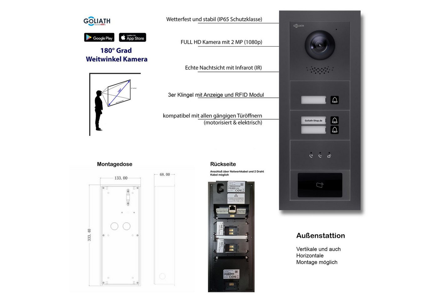 Goliath Intercom Video-Türsprechanlage Goliath IP Video Türsprechanlage: 10-Zoll 3Familienhaus, RFID, Anzeige (Privat oder Gewerblich) Bild 2