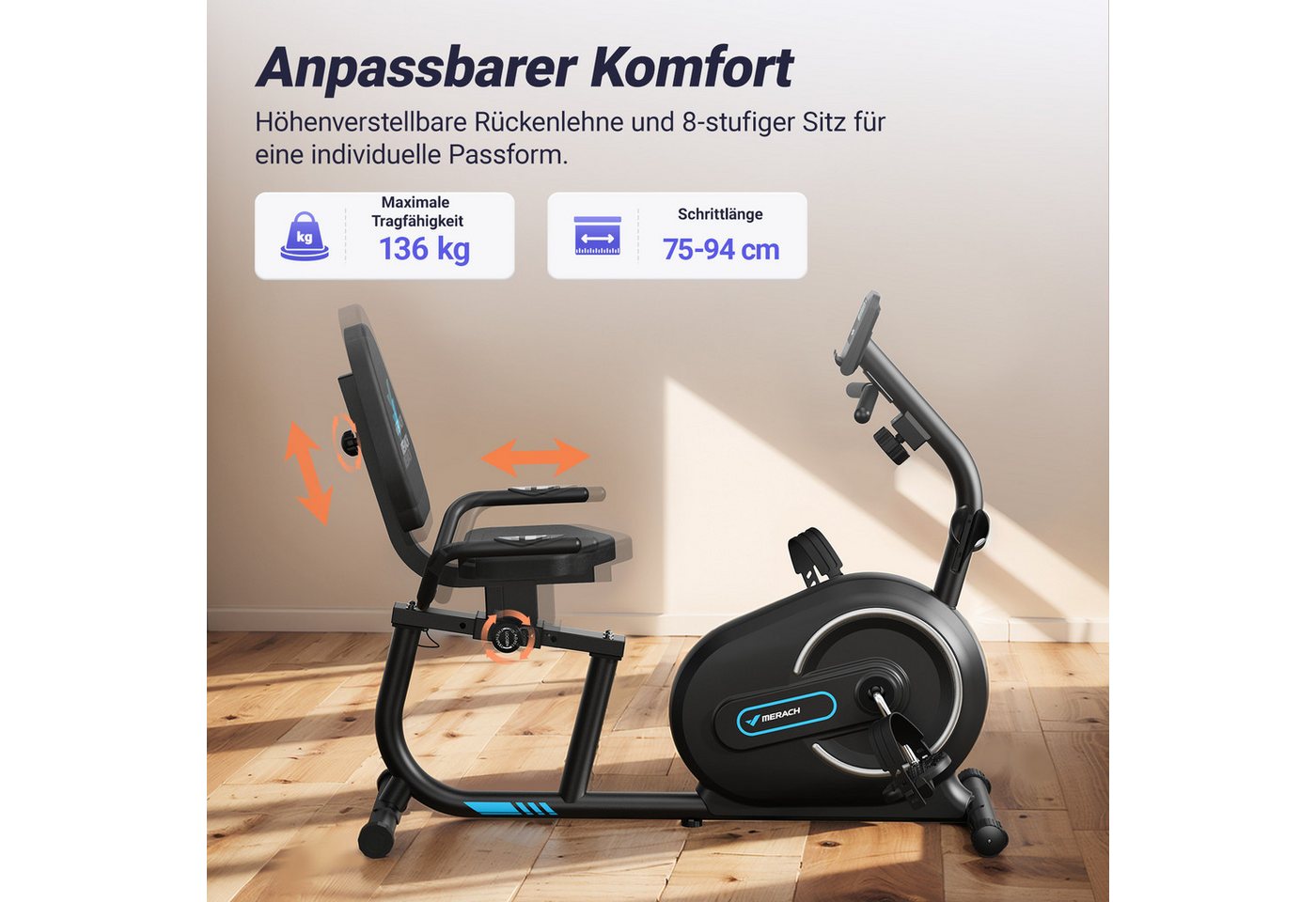 MERACH Liege-Heimtrainer für Zuhause mit 8 verstellbaren Widerstandsstufen (Leise Liegerad Heimtrainer mit Bluetooth, Exklusiver App, LCD-Display, Herzfrequenzsensoren, verstellbarer Rückenlehne und Tablet-Halterung), für Senioren max. Benutzergewicht 136 kg