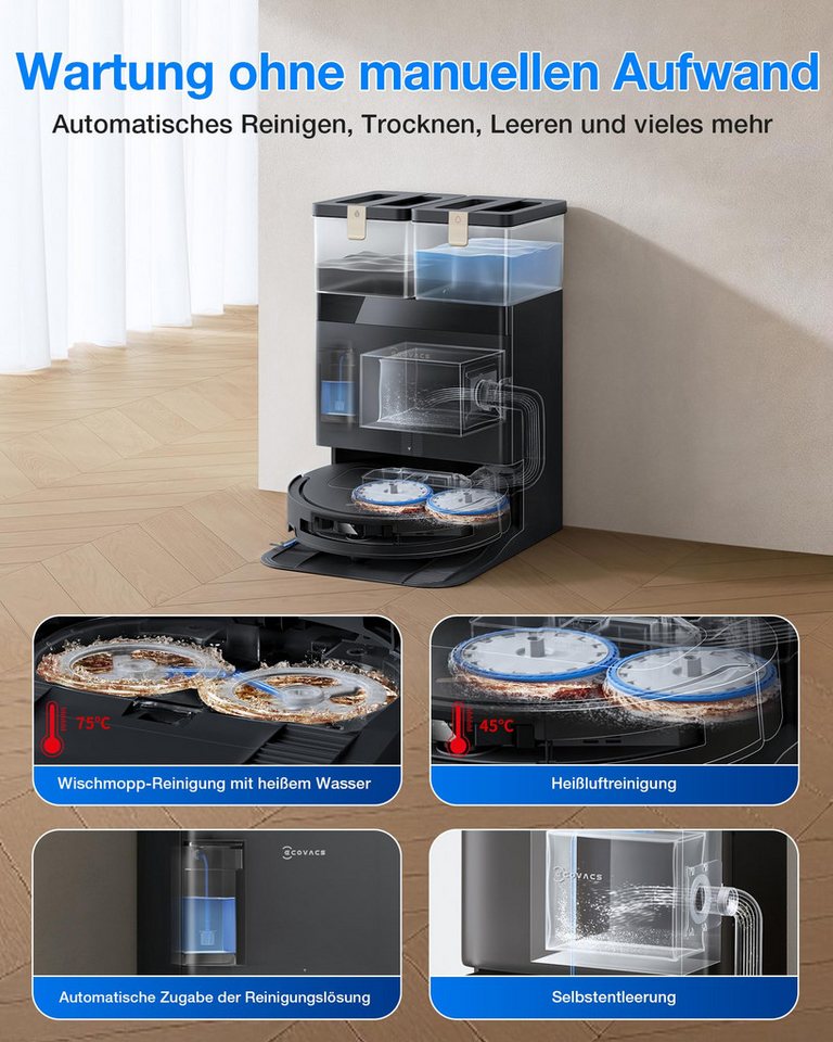 ECOVACS Saugroboter DEEBOT T50 Pro Omni Gen3, (Upgrade von T50 Pro Gen2/T50 Gen3)25000 Pa, Reinigung des Mopps bei 75°C, Heißlufttrocknung, 81 mm, AIVI 3D 3.0, autom. Zugabe v. Reinigungslösung Bild 2