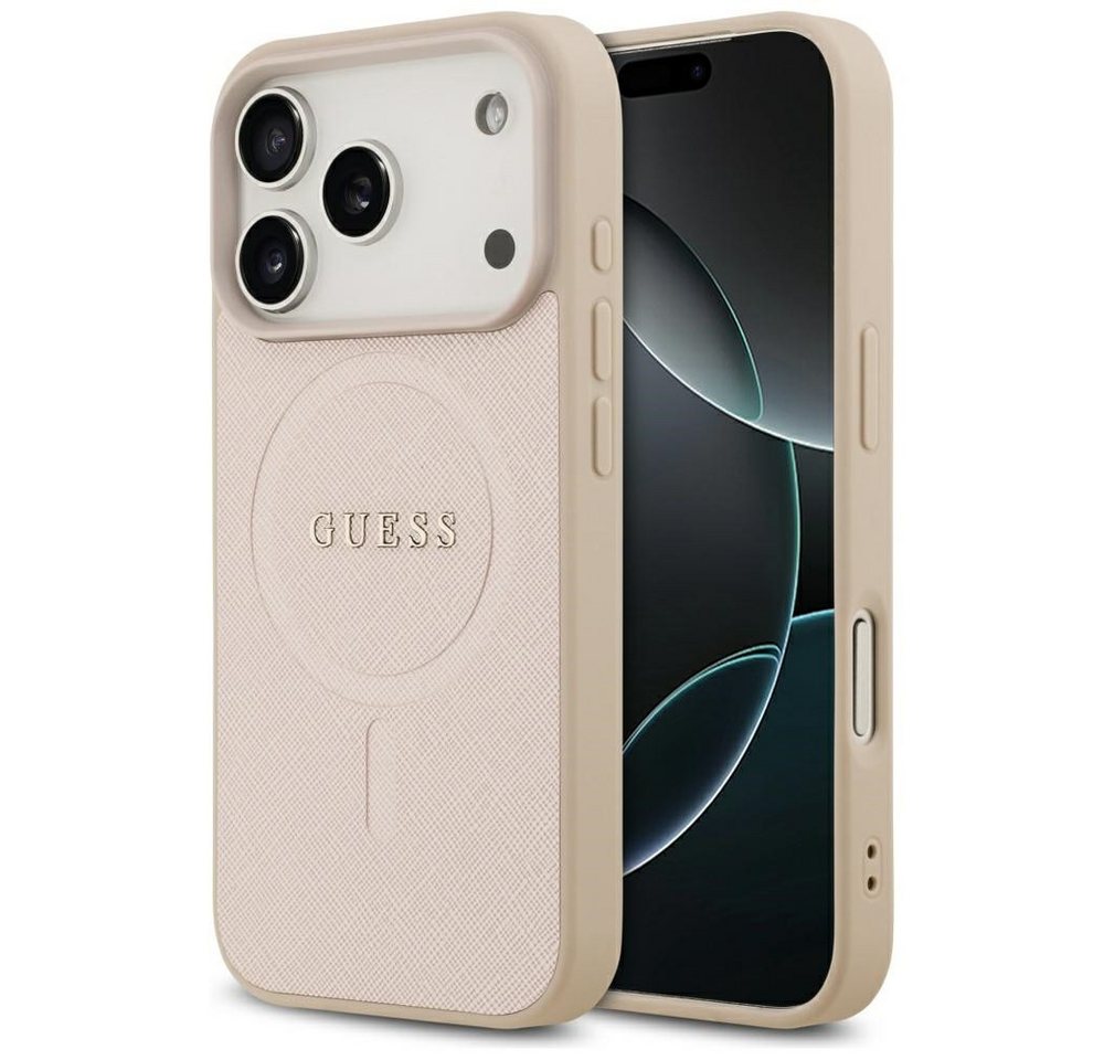 Guess Handyhülle iPhone 17 Pro Kunstleder geprägt rosa Logo goldfarbig MagSafe 6,3 Zoll, Kantenschutz