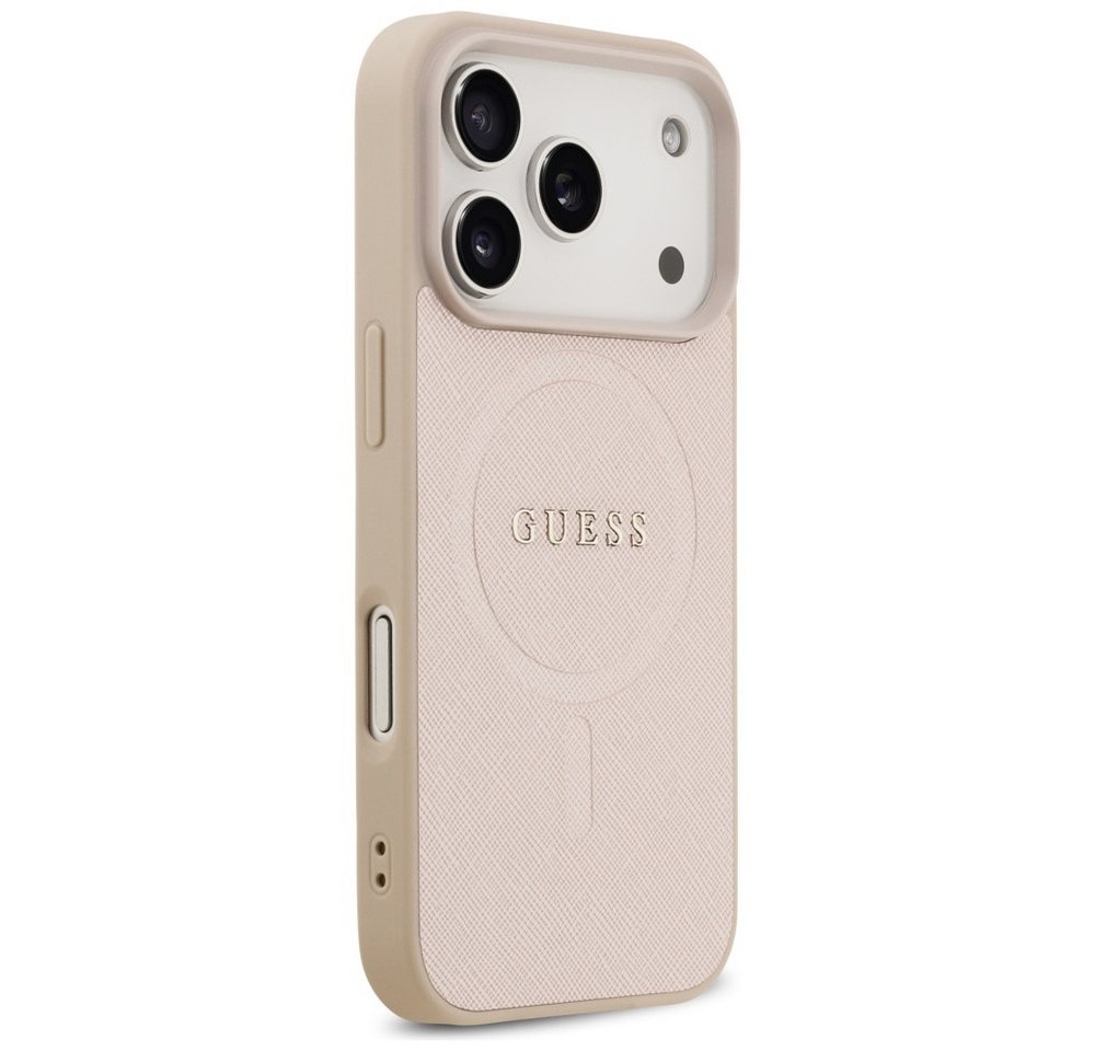Guess Handyhülle iPhone 17 Pro Kunstleder geprägt rosa Logo goldfarbig MagSafe 6,3 Zoll, Kantenschutz Bild 2