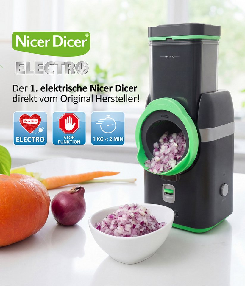 Genius Gemüseschneider Nicer Dicer Electro Deluxe 32 tlg, Gemüsehobel elektrisch, 9 Einsätze, 80 W, Extra-scharfe G-NOX Edelstahlklingen, einfache Reinigung, kompakt
