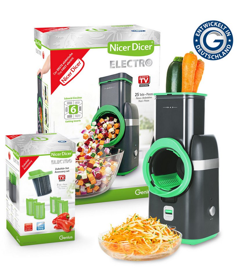 Genius Gemüseschneider Nicer Dicer Electro Deluxe 32 tlg, Gemüsehobel elektrisch, 9 Einsätze, 80 W, Extra-scharfe G-NOX Edelstahlklingen, einfache Reinigung, kompakt Bild 3