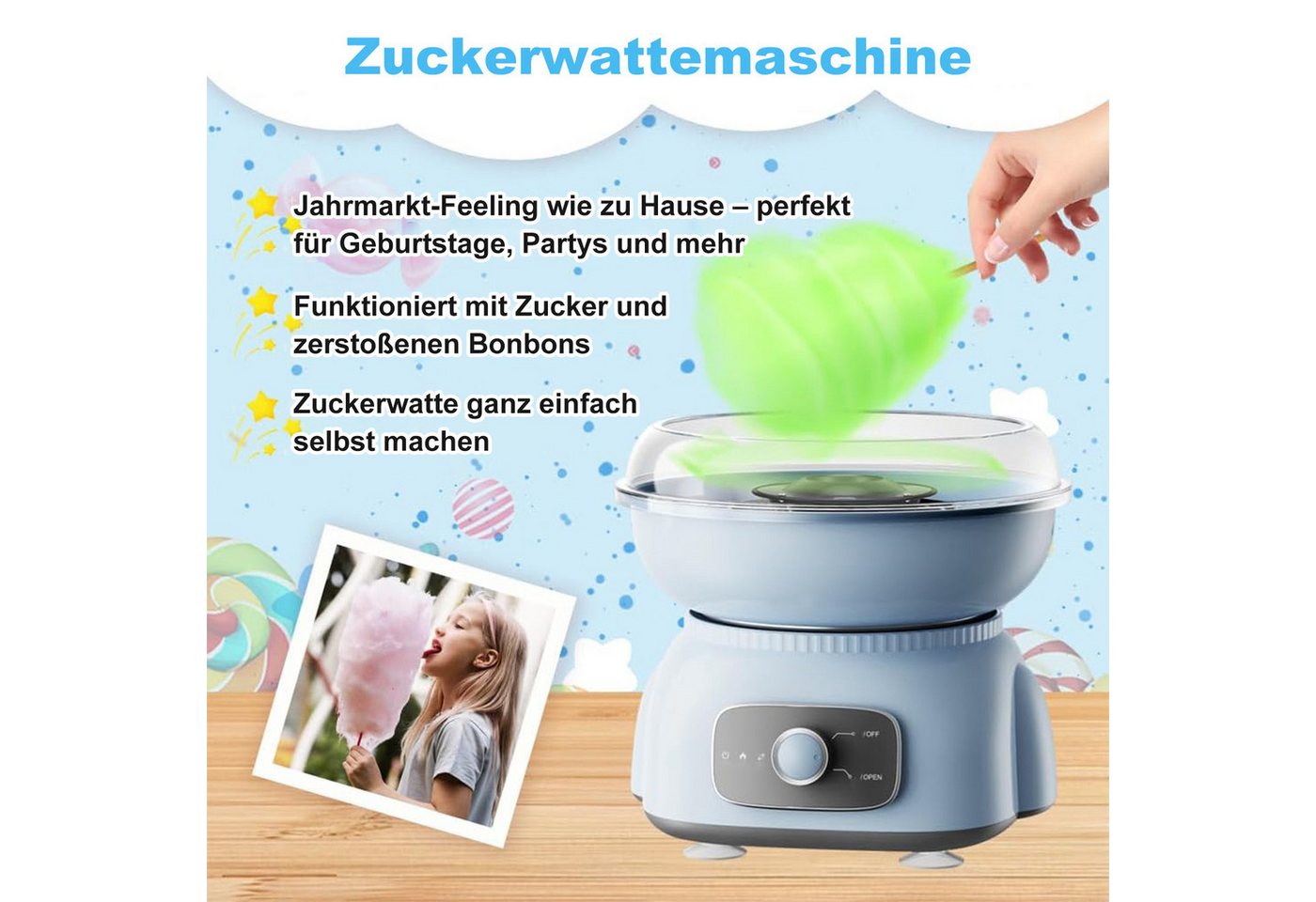 AIMAX Zuckerwattemaschine 500W Cotton Candy Machine Zuckerwattegerät Leckere zuckerwattemaschine, mit Messlöffel 10x Bambus-Stäbchen Kindergeburtstag Party Süßigkeiten Bild 4