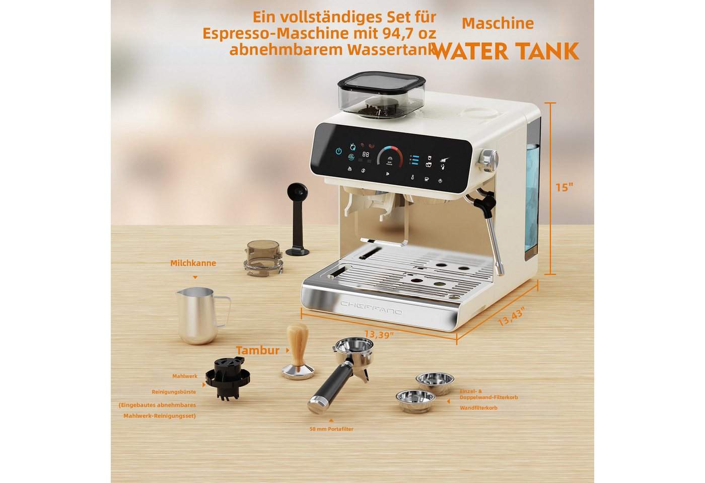 CHEFFANO Espressomaschine mit integriertem Mahlwerk, 20 Bar und 19 Mahlgradstufen Bild 5