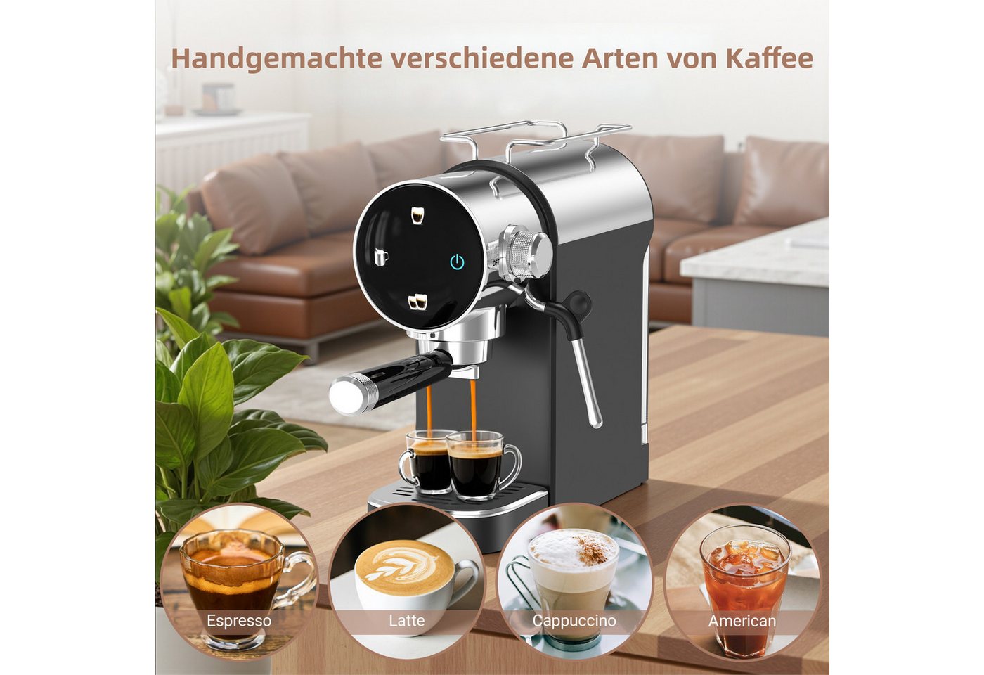 CHEFFANO Espressomaschine 20Bar mit Milchaufschäumer, Touchpanel & Wassertank, 5.5cm, Extraktion Bild 4