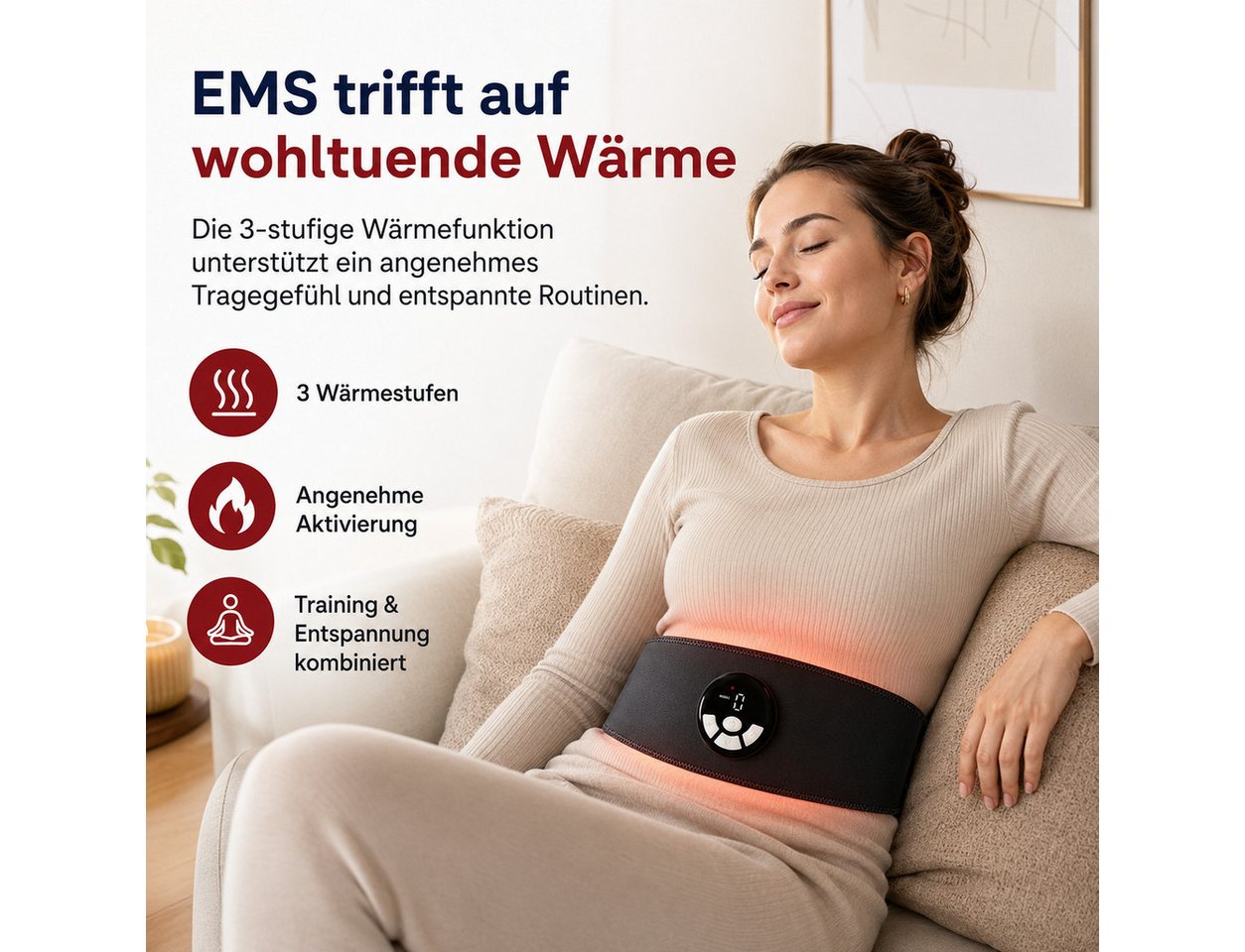 Tekoo EMS-Bauchmuskeltrainer mit Wärmefunktion, EMS Fitnessgürtel mit Heizung, Akku Bauchtrainer, (Bauchtrainer-Set, 3-teiliges Set), EMS mit 3-Stufen Wärmefunktion, Nutzung ohne Gel-Pads möglich Bild 2