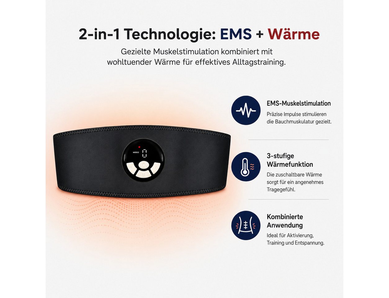 Tekoo EMS-Bauchmuskeltrainer mit Wärmefunktion, EMS Fitnessgürtel mit Heizung, Akku Bauchtrainer, (Bauchtrainer-Set, 3-teiliges Set), EMS mit 3-Stufen Wärmefunktion, Nutzung ohne Gel-Pads möglich Bild 5