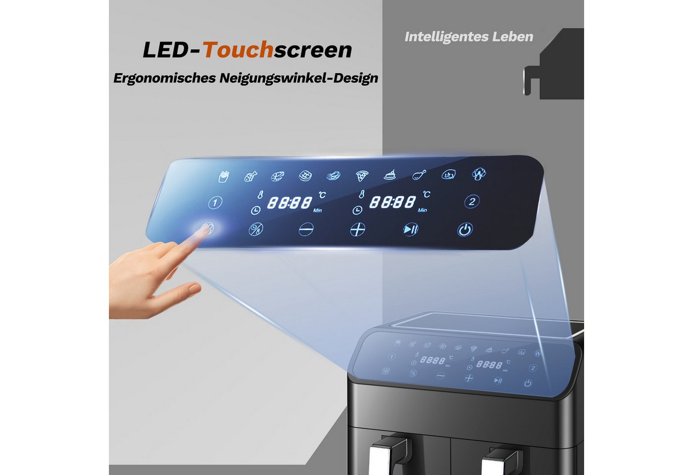 WHEELYOU Heißluftfritteuse 9L XXL, Dual Airfryer 2000W mit LED-Display, Sichtfenster & 10 Programmen, 2000 W, Doppelkammer-Airfryer mit LED-Display, Sichtfenster, Timer Bild 4