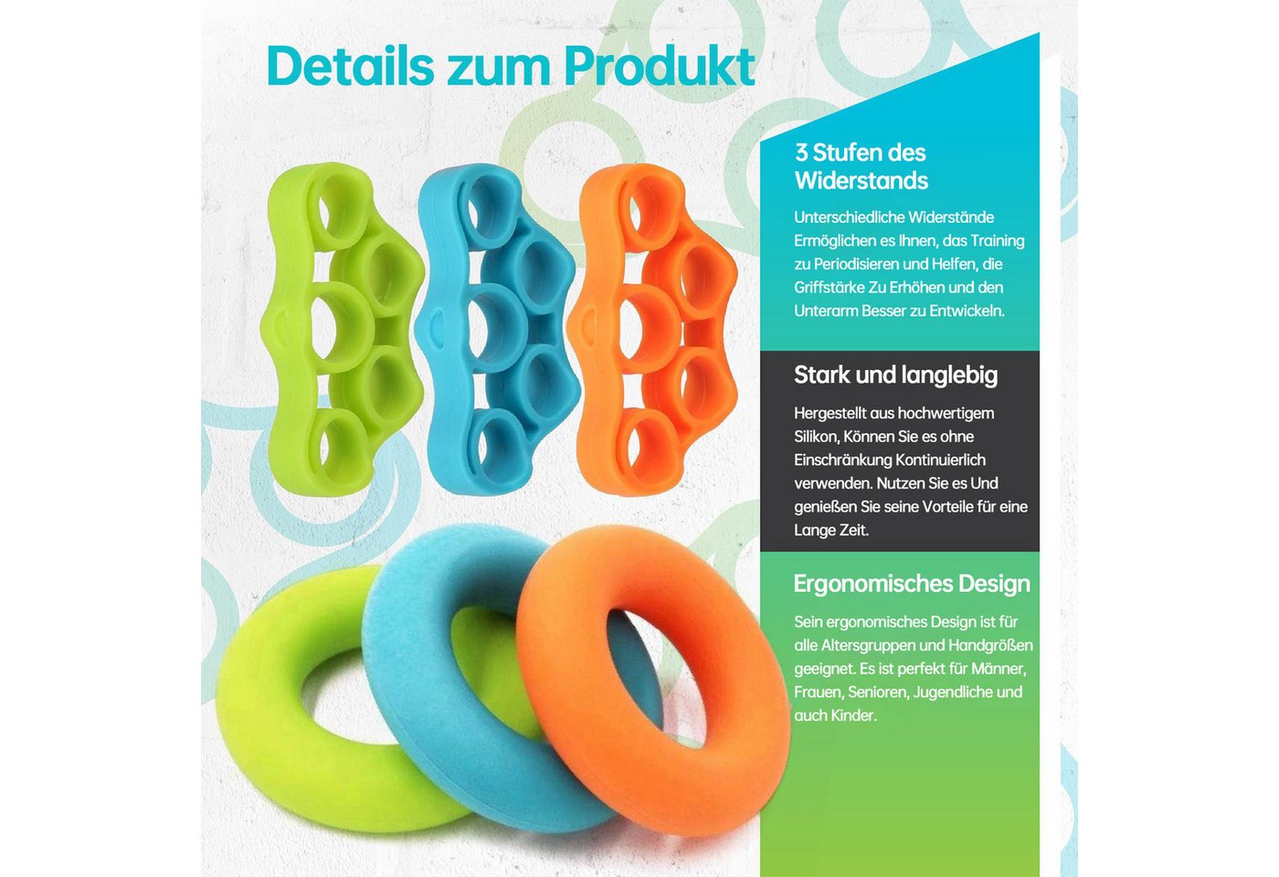 MOPUEA Handmuskeltrainer Handmuskeltrainer und Fingertrainer-Set 9er für unterarmübungen (9-St., mit drei progressiven Widerstandsstufen), 3 Griffkreis 3 Fingerauszieher 3, Handtrainer Set Bild 4