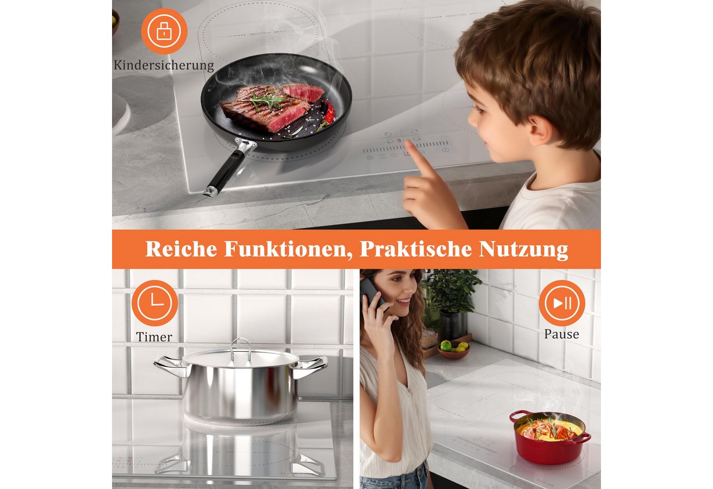 NOXTON Induktions-Kochfeld Induktionsfeld 4 Platten mit Flexzonen Weißes, Flexzonen, 3500W Bild 3