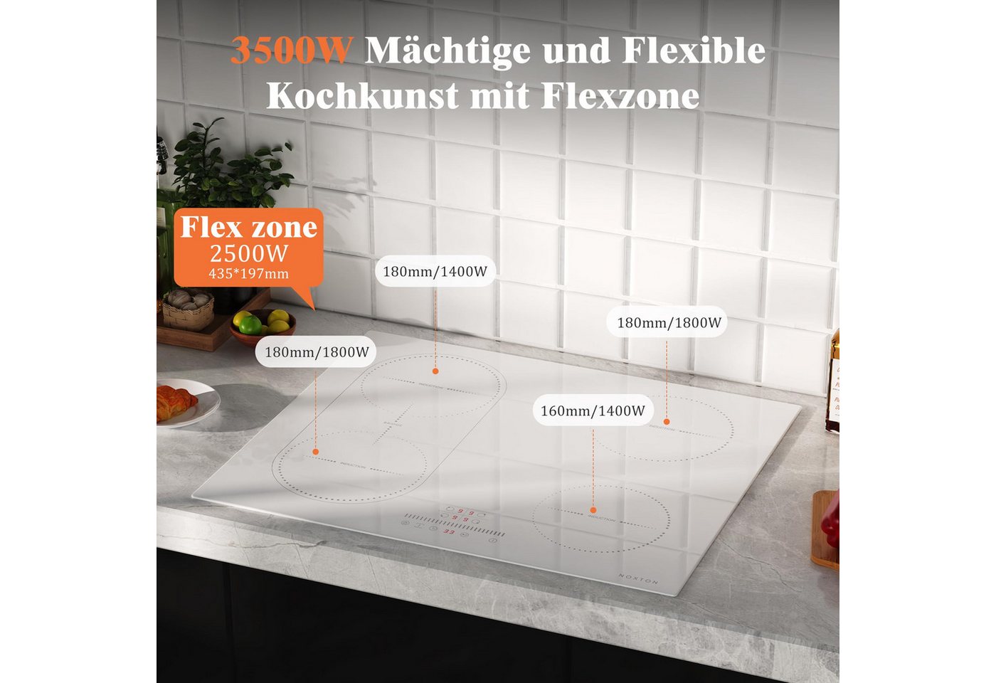NOXTON Induktions-Kochfeld Induktionsfeld 4 Platten mit Flexzonen Weißes, Flexzonen, 3500W Bild 5