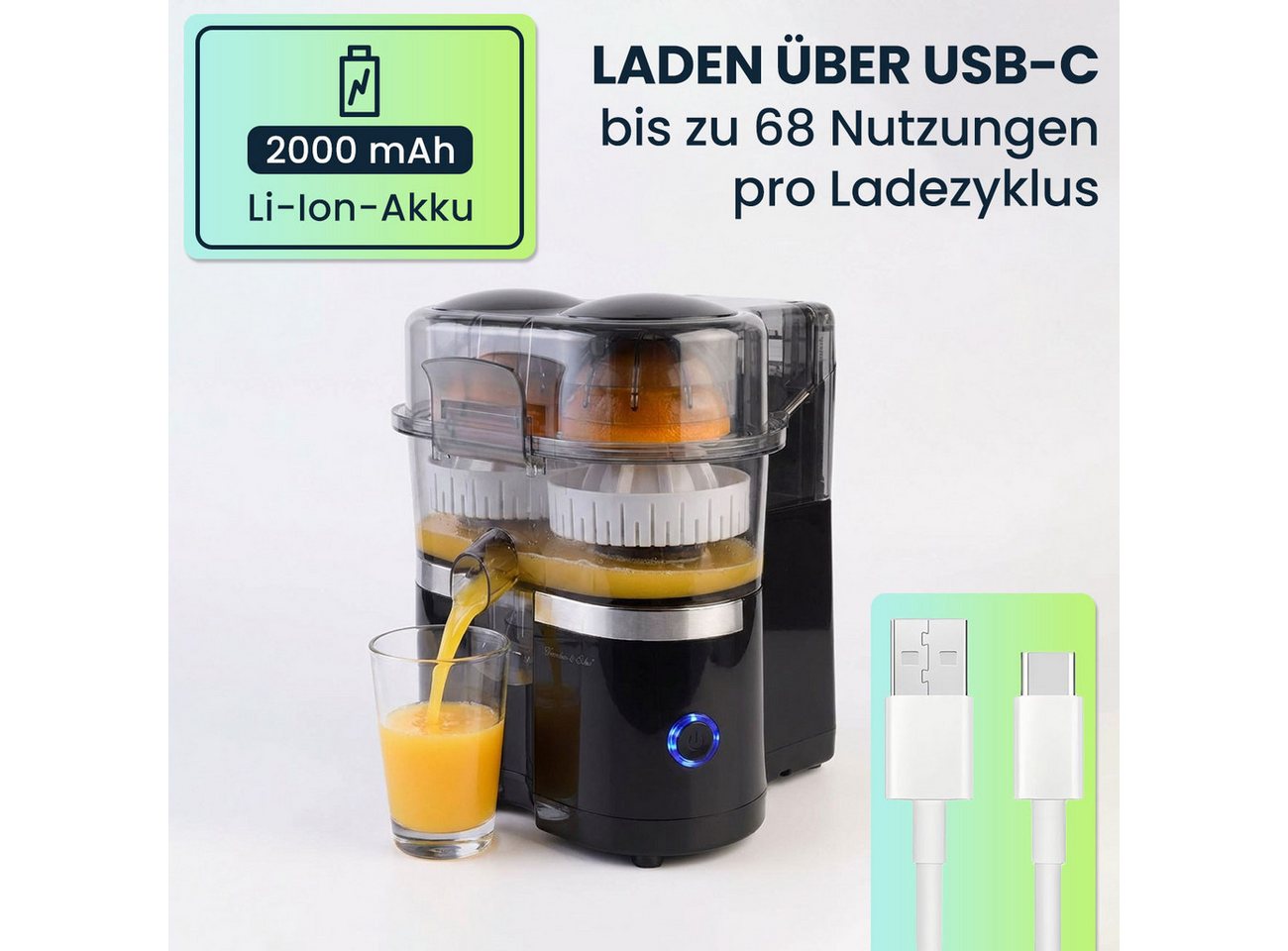 Casativo Entsafter Kompakte Kabellose Akku Doppelpresse 120W USB-C Saft- & Zitruspresse, 120 W, 2.000 mAh Akku, 15.000 U/min Motor, ca. 68 Nutzungen pro Ladezyklus Bild 4