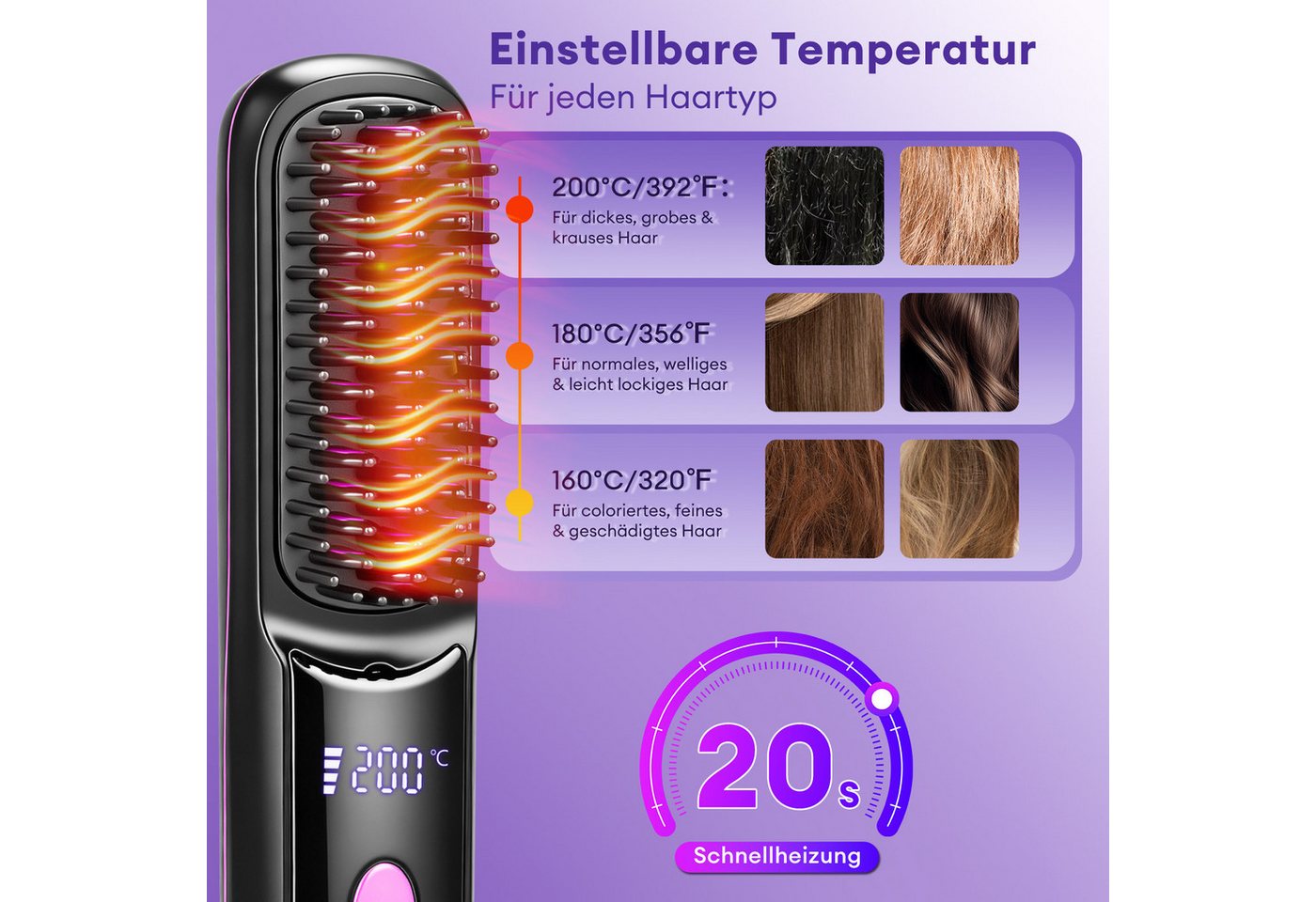 CkeyiN Elektrohaarbürste Akku Haarglättbürste mit LED-Anzeige 3 Temperaturstufen 160-200℃, Stylingbürste für kurze, lange Haare, tragbare Haarbürste unterwegs Bild 2