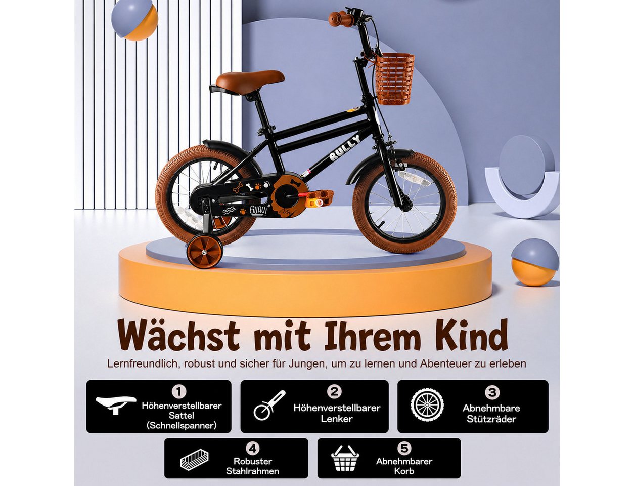 Vankel Kinderfahrrad 12/14/16 Zoll mit Stützrädern, 1 Gang, Mit Korb, Rücktrittbremse, Handbremse und Schutzblechen