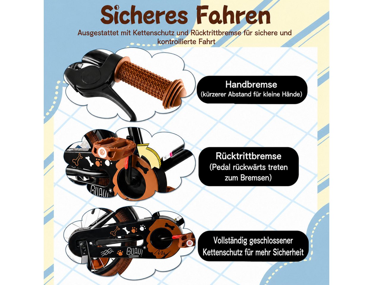 Vankel Kinderfahrrad 12/14/16 Zoll mit Stützrädern, 1 Gang, Mit Korb, Rücktrittbremse, Handbremse und Schutzblechen Bild 2