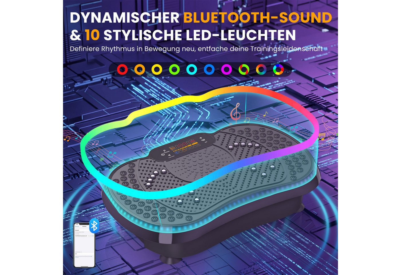 Hamlody Vibrationsplatte 2026 Verbesserte 3D Vibrationsplatte mit 10 farbige LED, 200 W, 200 Intensitätsstufen, 5 Ausbildungsprogramme, Fernbedienung, Bluetooth & Widerstandsbänder