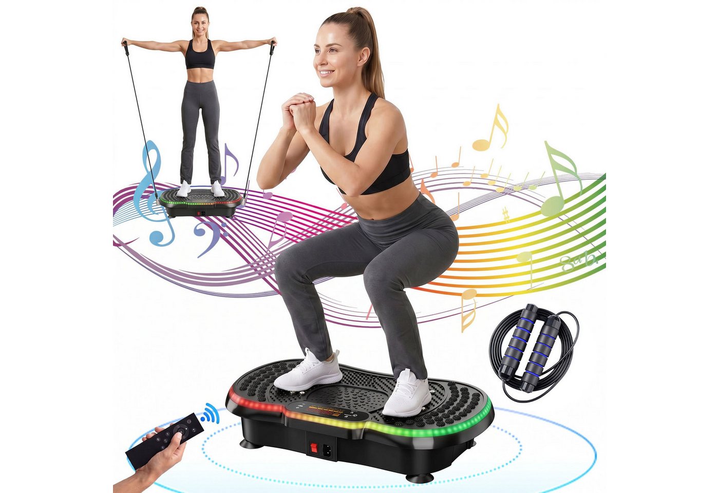 Hamlody Vibrationsplatte 2026 Verbesserte 3D Vibrationsplatte mit 10 farbige LED, 200 W, 200 Intensitätsstufen, 5 Ausbildungsprogramme, Fernbedienung, Bluetooth & Widerstandsbänder Bild 3