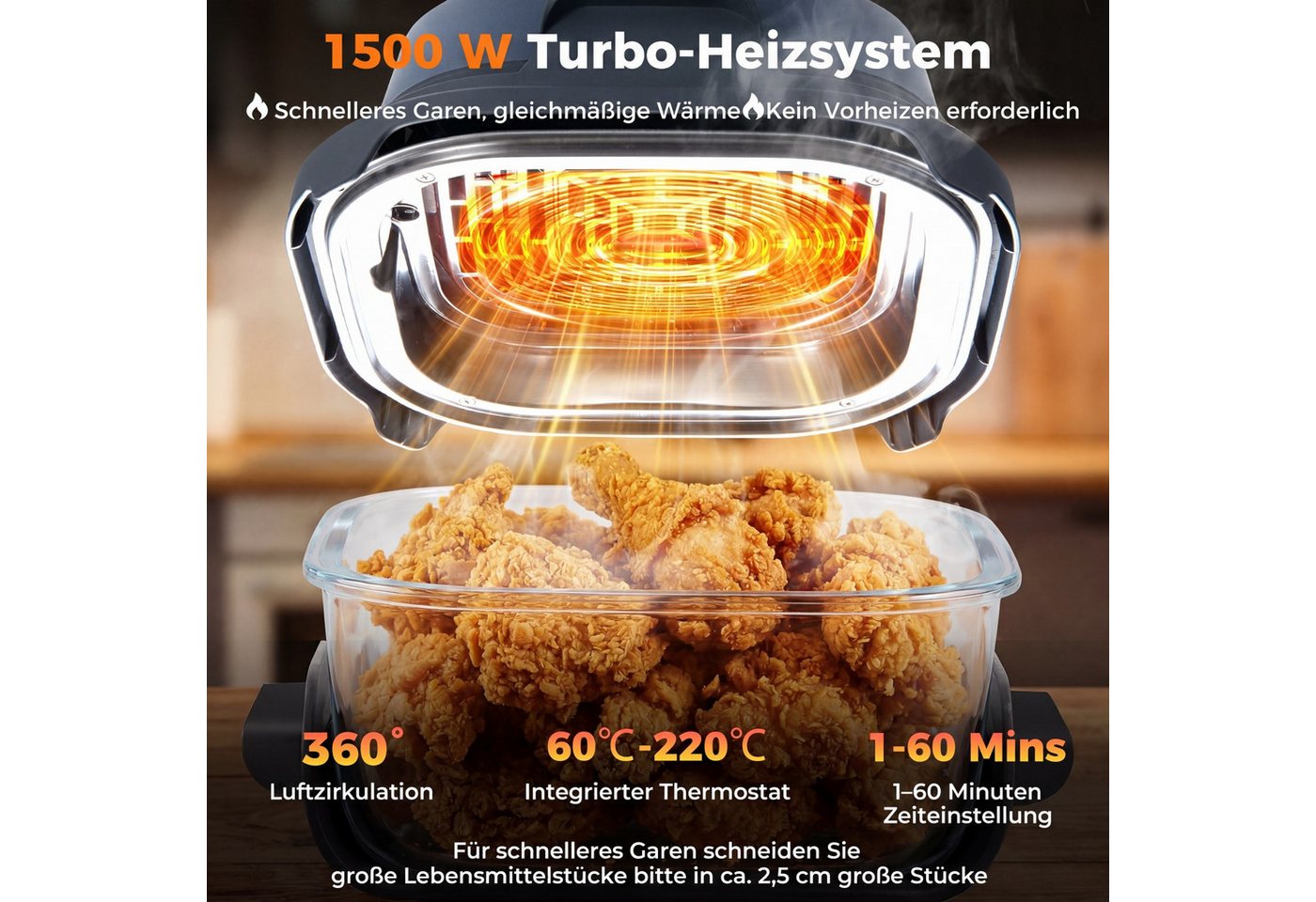 COSTWAY Heißluftfritteuse, 1500 W, Airfryer mit 4 L/1,7 L Glasbehälter, Deckel