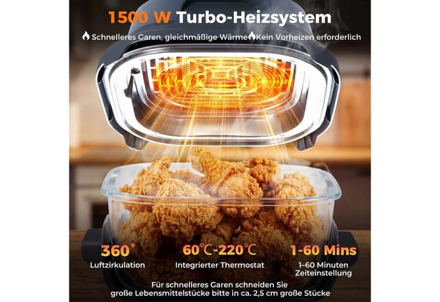 COSTWAY Heißluftfritteuse, 1500 W, Airfryer mit 4 L/1,7 L Glasbehälter, Deckel